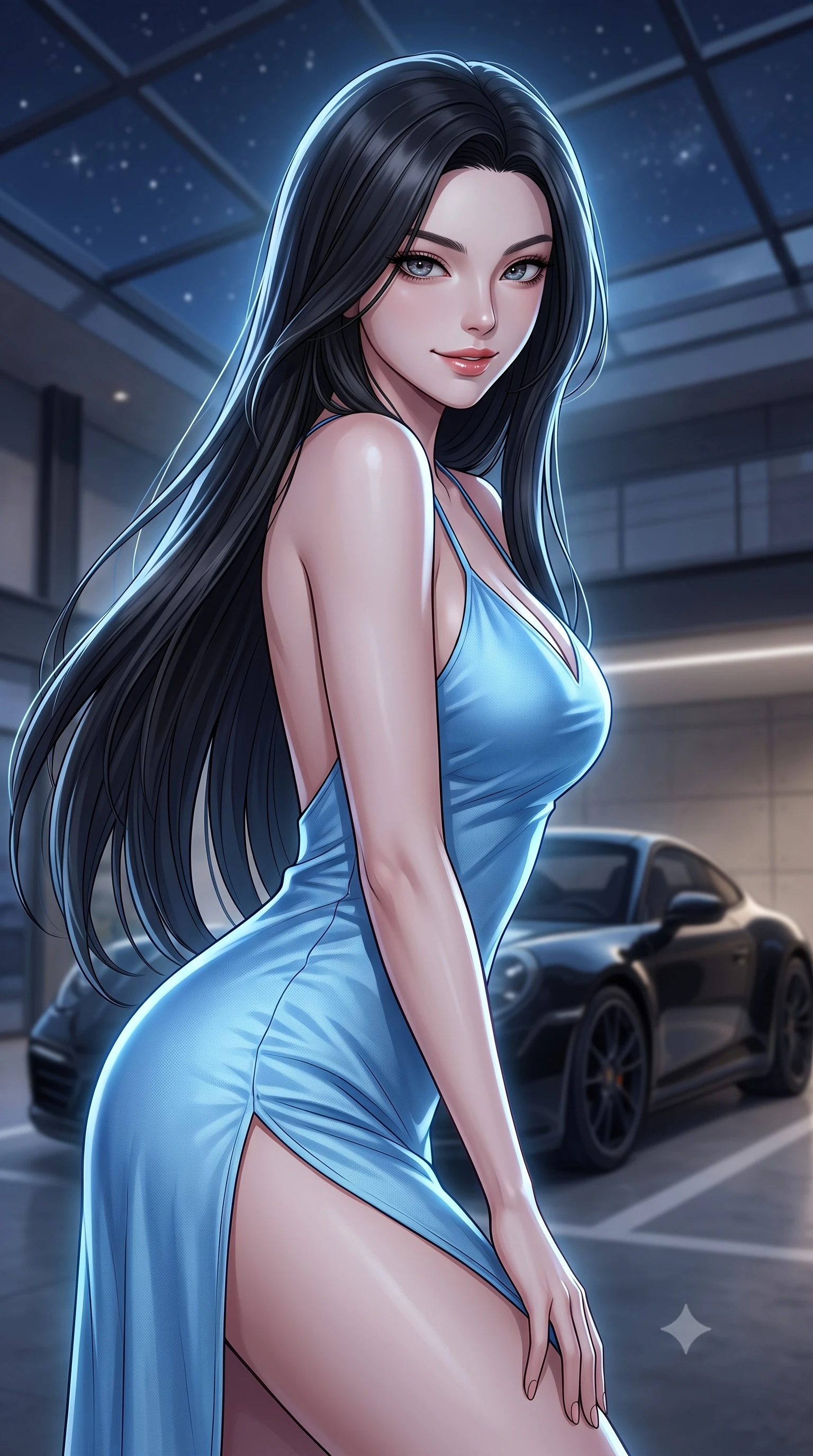 score_9, masterpiece, best quality, ultra-detailed, high-budget anime keyframe, tasteful artistic composition, Korean woman. close-up cowboy shot from the waist and thighs up, the character dominates the composition, filling the frame with her large presence, background elements kept in soft focus. leaning slightly forward with a playful, teasing smile, her gaze locked onto the viewer the background shows a soft-focus a modern loft garage with glass ceilings showing stars and a parked black coupe. She has an exceptionally elegant, slender, and willowy female figure with an ultra-slim waist, a gracefully sculpted slender torso, and a refined silhouette. sharp v-shaped jawline, high-bridge nose, intricate jewel-like eyes with depth, thick eyelashes, glossy lips with a natural sheen. wearing a slim-fit lightweight silk slip dress in baby blue with a high side slit and a low-cut back. soft silver moonlight wrapping her silhouette in a cool cosmic glow. highly saturated vibrant anime colors, cel-shading, 2d style, master piece, 9:16 ratio