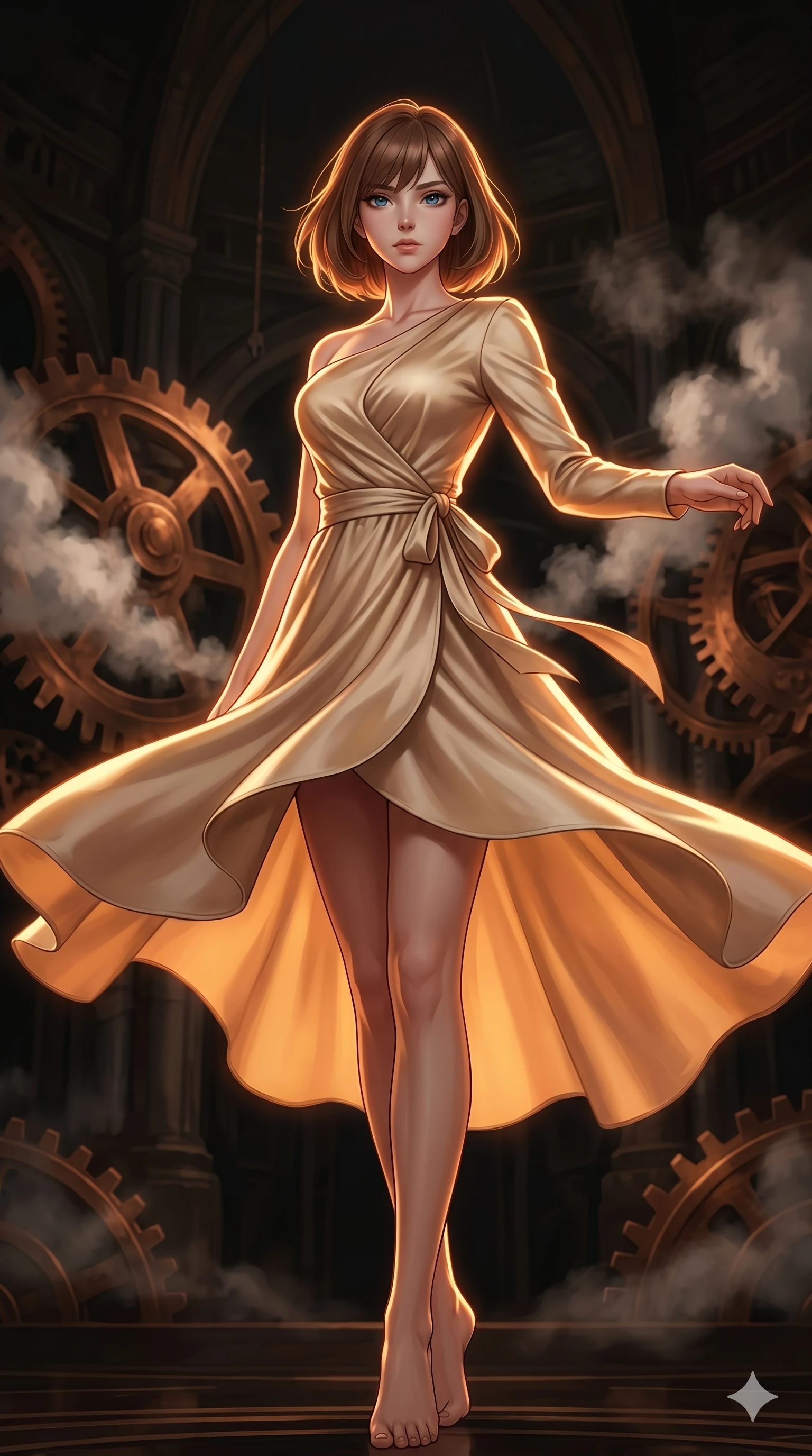 score_9, masterpiece, best quality, ultra-detailed, high-budget anime keyframe, editorial fashion photography, tasteful artistic composition, Caucasian woman, strictly human ears. low angle full-body shot from head to toe showing her feet, filling the entire 9:16 vertical frame with her statuesque presence, stretching her vertical silhouette. Spinning mid-turn with clothing caught in motion inside an ancient clockwork cathedral where giant copper gears rotate amidst floating steam clouds. She has an absolutely perfect 8-heads proportion, an exceptionally tall and slender female figure with impossibly long slender legs and an ultra-slim waist. V-shaped jawline, high-bridge nose, intricate jewel-like eyes with depth, thick eyelashes, glossy lips with a natural sheen. wearing a champagne-gold asymmetric wrap dress in fluid satin with a single long sleeve, a sculpted collarbone line, and a self-tying sash that cinches the waist, falling to a high-low hemline. drenched in warm amber cinematic rim lighting that traces every contour of her silhouette against a dark background. 2k, ultra detail, master piece, 9:16 ratio