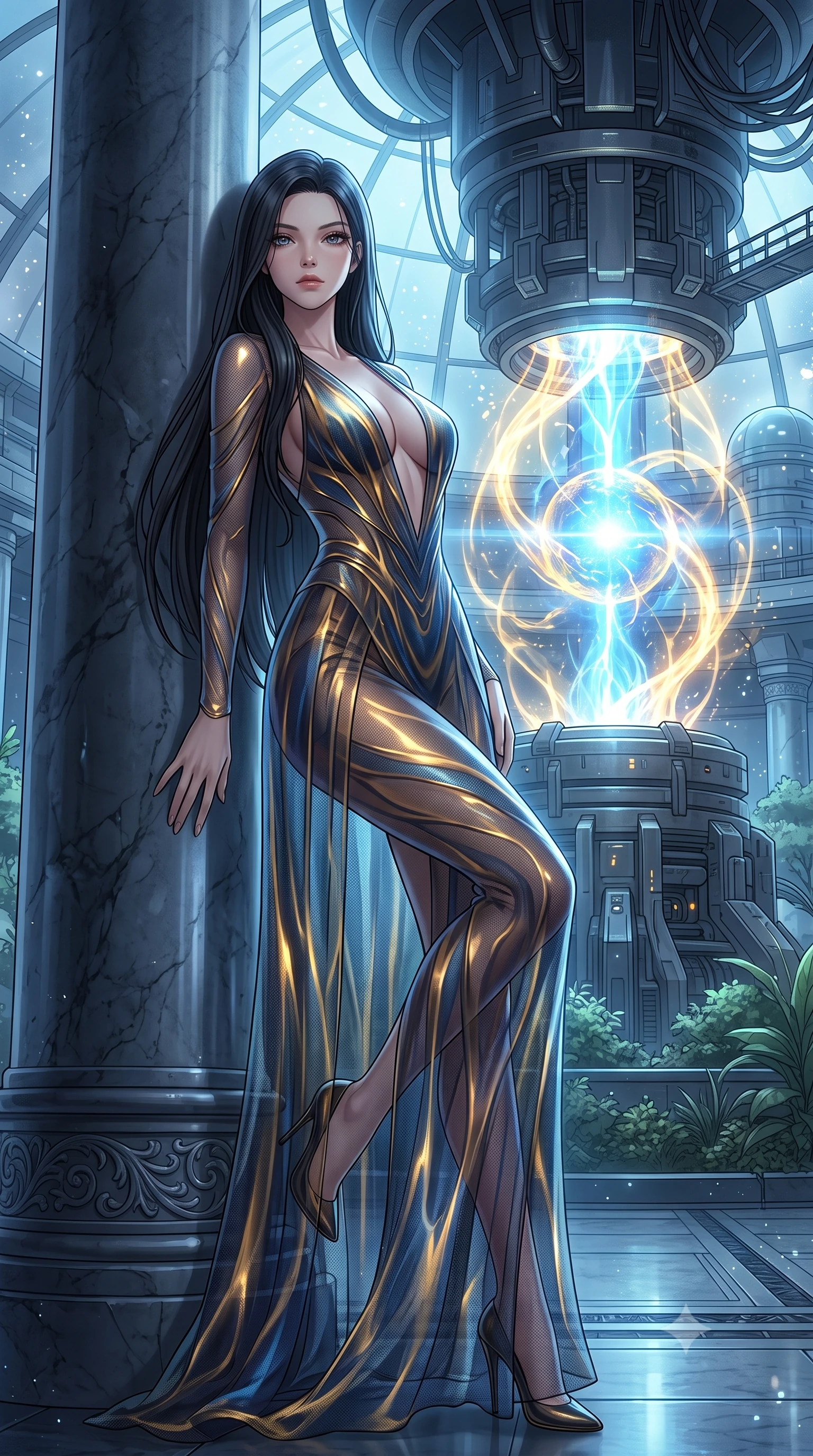 score_9, masterpiece, best quality, ultra-detailed, High-budget Anime Keyframe, East Asian woman. Dynamic full-body shot stretching the vertical silhouette to the limit. Scenario 290: leaning against a cold marble pillar inside a secret bio-dome containing a giant glowing fusion reactor. Her presence is magnetic and overpowering in this high-budget anime scene. Outfit 290: a slim-fit molten liquid silk mesh with a plunging V-neckline and translucent layers. The clothing is designed to emphasize her exceptionally tall and slender 8-heads proportion. 8-heads proportion, towering silhouette, ultra-slim waist. sharp v-shaped jawline, intricate jewel-like eyes with depth, thick eyelashes, glossy lips. 2k, ultra detail, master piece, 9:16 ratio