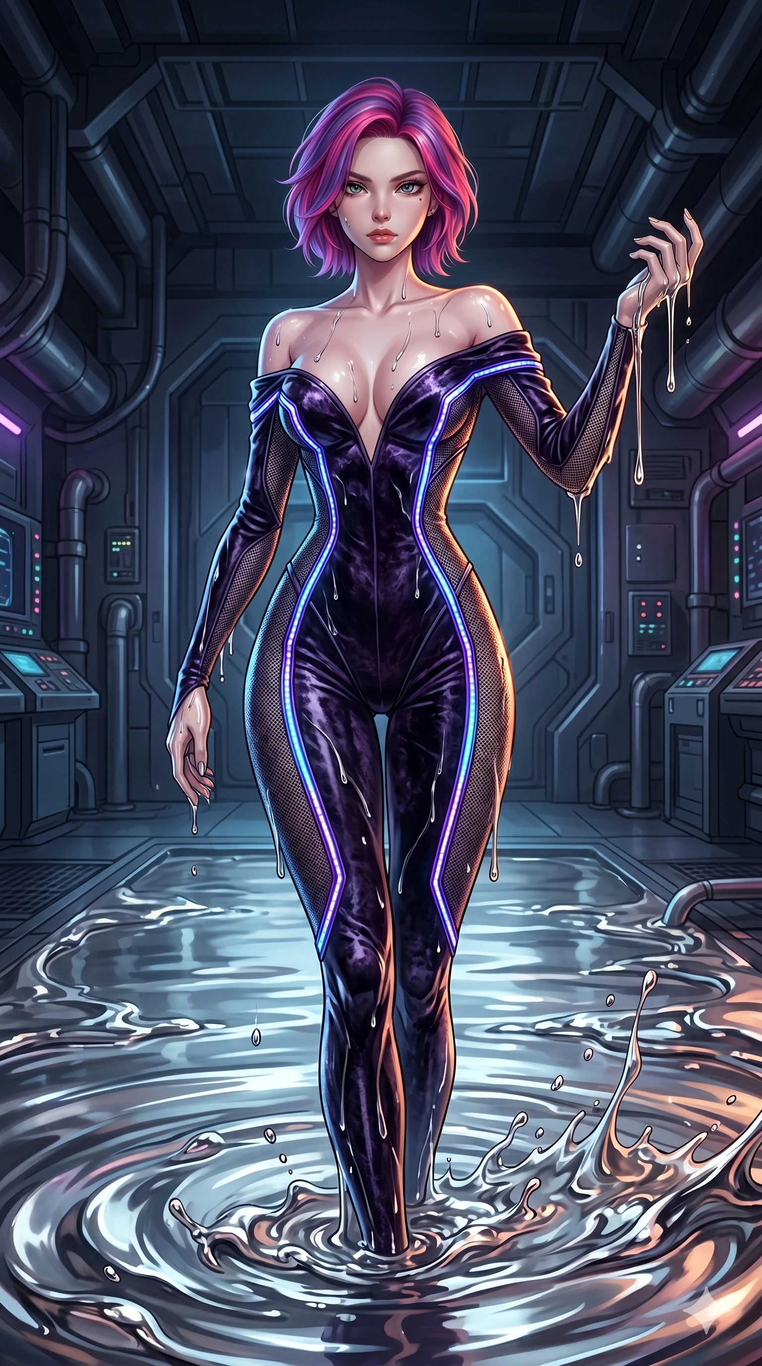 score_9, masterpiece, best quality, ultra-detailed, High-budget Anime Keyframe, East Asian woman. Dynamic full-body shot stretching the vertical silhouette to the limit. Scenario 44: Rising from a pool of mercury-like liquid, droplets rolling off her skin. Her presence is magnetic and overpowering in this high-budget anime scene. Outfit 44: A crushed dark velvet micro-mesh with a low-cut shoulder and glowing LED seams. The clothing is designed to emphasize her exceptionally tall and slender 8-heads proportion. 8-heads proportion, towering silhouette, ultra-slim waist. sharp v-shaped jawline, intricate jewel-like eyes with depth, thick eyelashes, glossy lips. 2k, ultra detail, master piece, 9:16 ratio