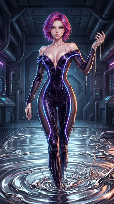 score_9, masterpiece, best quality, ultra-detailed, High-budget Anime Keyframe, East Asian woman. Dynamic full-body shot stretching the vertical silhouette to the limit. Scenario 44: Rising from a pool of mercury-like liquid, droplets rolling off her