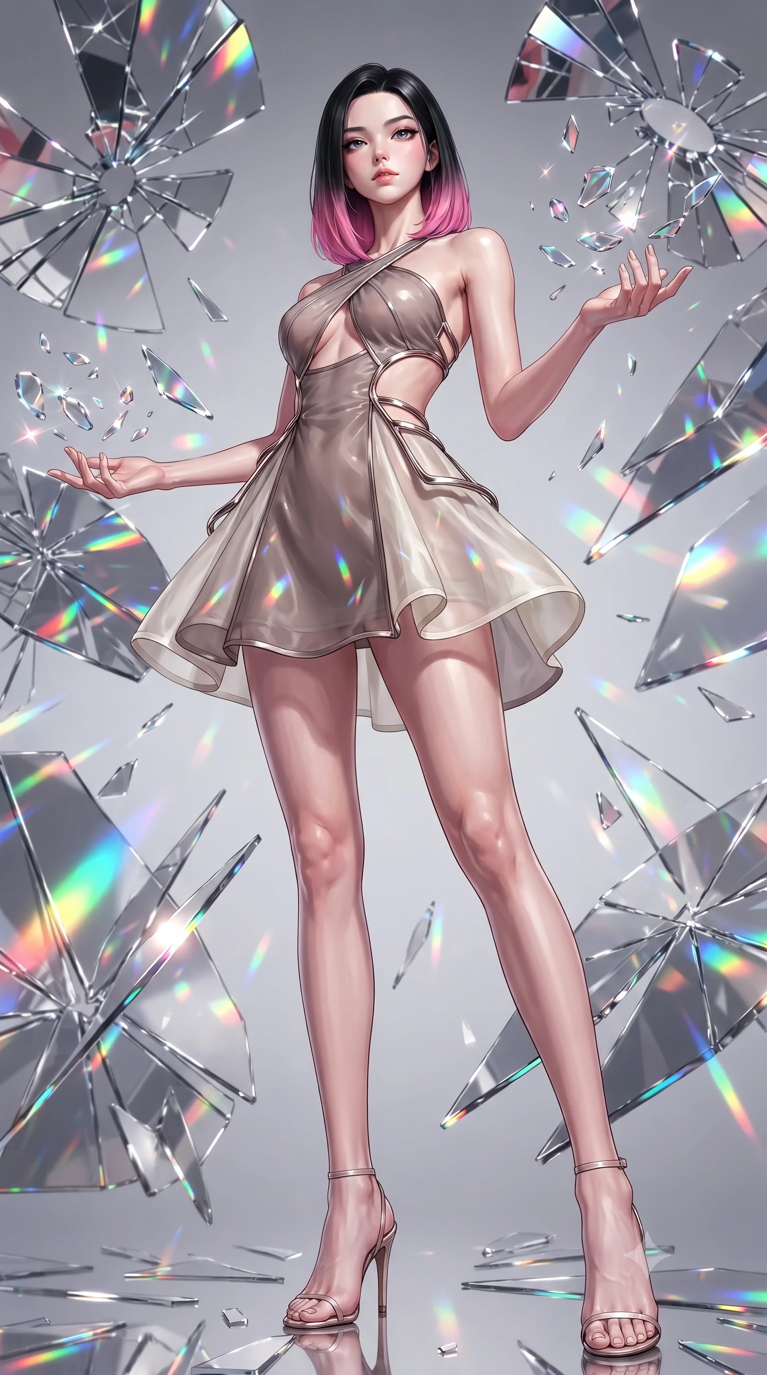 score_9, masterpiece, best quality, ultra-detailed, high-budget anime keyframe, editorial fashion photography, tasteful artistic composition, Korean woman. low angle full-body shot from head to toe showing her feet, filling the entire 9:16 vertical frame with her statuesque presence, stretching her vertical silhouette. interacting gracefully with the magical floating elements while maintaining a confident posture surrounded by rotating shattered mirror sculptures reflecting bright acrylic colors, shattered mirror shards scattering brilliant rainbow reflections everywhere. She has an absolutely perfect, statuesque 8.5-heads proportion, an exceptionally tall and slender model-like female figure with impossibly long slender legs and an ultra-slim waist. sharp v-shaped jawline, high-bridge nose, intricate jewel-like eyes with depth, thick eyelashes, glossy lips with a natural sheen. wearing a dramatic open-waist cutout mini dress framed by sculptural hardware in muted taupe and soft ivory, woven from fine semi-opaque sheer organza, complemented by criss-cross back straps highlighting her bare shoulders, the sleek second-skin texture accentuating her magnetic presence. bathed in high-contrast vibrant studio lighting with sharp specular highlights. ultra-reflective glossy finish, specular highlights, metallic sheen, high-contrast stereoscopic depth, volumetric dynamic lighting, 2k, ultra detail, master piece, 9:16 ratio
