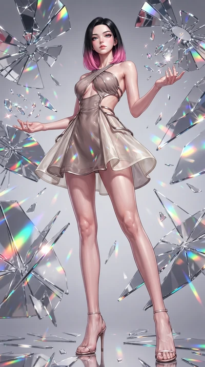 score_9, masterpiece, best quality, ultra-detailed, high-budget anime keyframe, editorial fashion photography, tasteful artistic composition, Korean woman. low angle full-body shot from head to toe showing her feet, filling the entire 9:16 vertical f