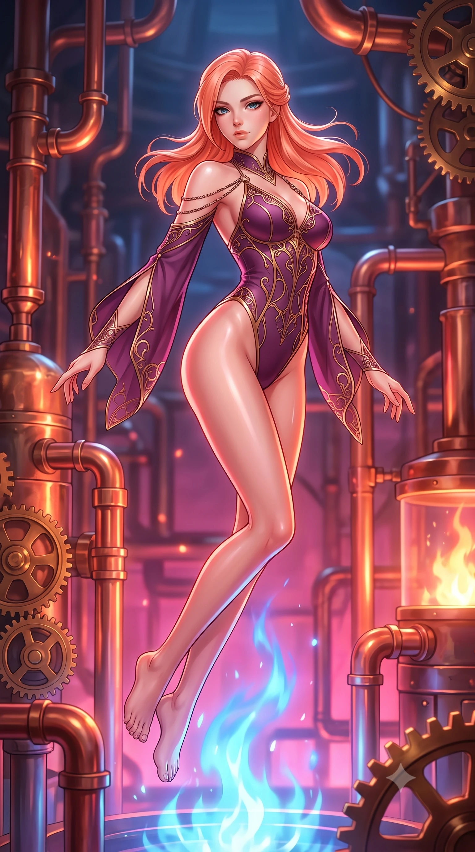 score_9, masterpiece, best quality, ultra-detailed, high-budget anime keyframe, editorial fashion photography, tasteful artistic composition, Japanese woman. low angle full-body shot from head to toe showing her feet, filling the entire 9:16 vertical frame with her statuesque presence, stretching her vertical silhouette. pivoting dynamically in zero-gravity with fluid body alignment, displaying her perfect model proportions while floating gracefully above a sapphire alchemy flame with her torso tilted dynamically, intricate copper pipes and brass gears gleam with furnace heat reflections. She has an absolutely perfect, statuesque 8.5-heads proportion, an exceptionally tall and slender model-like female figure with impossibly long slender legs and an ultra-slim waist. sharp v-shaped jawline, high-bridge nose, intricate jewel-like eyes with depth, thick eyelashes, glossy lips with a natural sheen, flawlessly proportioned anatomical accuracy, natural body alignment, perfectly sculpted elegant limbs, clean dynamic posture without body distortion. wearing an asymmetrical high-cut tech-bodysuit with detached sleeves in plum purple and gold filigree, crafted from smooth liquid silk, adorned with delicate metallic chain straps along the neckline, the form-contouring material highlighting her ultra-slim waist and long lines. bathed in hot pink and orange furnace underlighting with sharp bronze speculars. highly saturated vibrant anime colors, detailed shading with soft gradients, rich glossy textures, high-contrast stereoscopic depth, volumetric dynamic lighting, master piece, 9:16 ratio