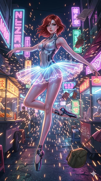 score_9, masterpiece, best quality, ultra-detailed, Set A: High-budget Anime Keyframe, Korean woman. Low angle cowboy shot filling the entire 9:16 frame with her statuesque presence. Floating through a futuristic night market, as gravity fails and ev