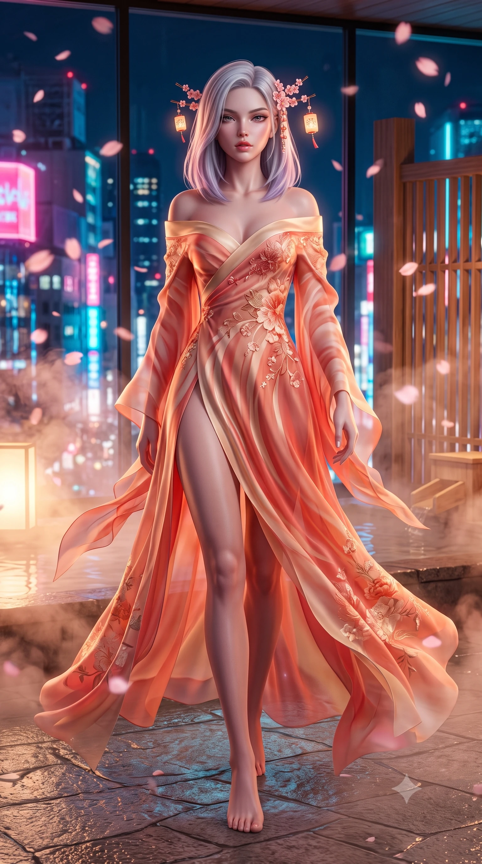 score_9, masterpiece, best quality, ultra-detailed, high-budget anime keyframe, semi-realistic 3D game render, editorial fashion photography, tasteful artistic composition, Caucasian woman. low angle full-body shot from head to toe showing her feet, filling the entire 9:16 vertical frame with her statuesque presence, stretching her vertical silhouette. striding forward in a proud supermodel runway stride, hips swaying in an alluring kinetic rhythm that accentuates her curvy hourglass silhouette while leaning back against a cedar bath partition overlooking glowing Tokyo skyscrapers, parted glossy lips reflecting pink neon lights. The composition keeps background elements in soft focus with creamy bokeh. swirling thermal steam clouds and falling sakura petals blurred into soft blossom-pink, warm amber, and deep cyan bokeh. She has an absolutely perfect, statuesque 8.5-heads proportion, an exceptionally tall and slender model-like female figure with impossibly long slender legs, a toned flat midriff, an ultra-slim waist, and beautifully sculpted feminine hips. sharp v-shaped jawline, high-bridge nose, intricate jewel-like eyes with depth, thick eyelashes, glossy parted lips with a natural sheen, intensely captivating and seductive bedroom-eyes expression, flawlessly proportioned anatomical accuracy, strict slender model proportions, natural body alignment, perfectly sculpted long slender limbs, ultra-slim waistline, clean dynamic posture without body distortion. wearing a backless off-shoulder silk kimono gown with fluttering drapes and an ultra-high side slit in sunrise coral and champagne gold, woven from sheer cascading chiffon that ripples like water, accented with delicate cherry blossom hairpins and glowing paper lantern charms, the precision-cut side openings and low-back scoop framing her graceful spine and the sensual sweep of her hips. surrounded by an intimate, tranquil, and deeply sensual Japanese skylounge muse aura. highly saturated vibrant anime colors, detailed shading with soft gradients, rich glossy textures, high-contrast stereoscopic depth, volumetric dynamic lighting, master piece, 9:16 ratio