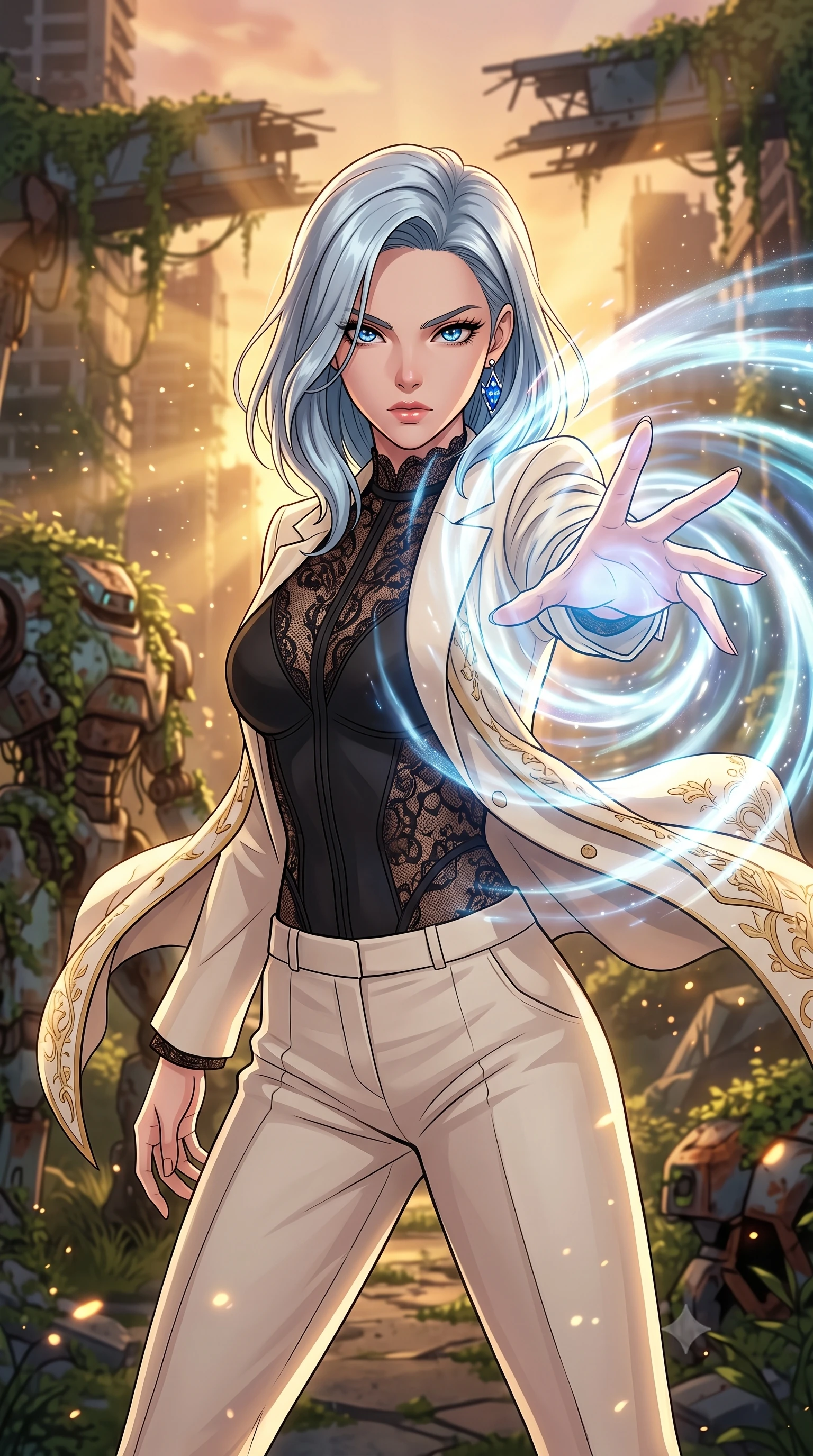 score_9, masterpiece, best quality, ultra-detailed, high-budget anime keyframe, clean line-art, cel-shading, Korean woman. close-up cowboy shot from the waist and thighs up, the character dominates the composition, filling the frame with her large presence, background elements kept in soft focus. Unleashing a wave of force with an outstretched hand, her gaze locked on the target. set against a soft-focus background of ruins of a futuristic city where nature has reclaimed steel structures, vines growing over rusted robotic hulls. She has an exceptionally elegant and slender, willowy female figure with an ultra-slim waist, a gracefully sculpted slender torso, and a refined slim physique. sharp v-shaped jawline, high-bridge nose, intricate jewel-like eyes with depth, thick eyelashes, glossy lips with a natural sheen. wearing the lightweight fabric rippling and billowing dramatically with her movement, a slim-fit black lace-paneled bodysuit worn under a structured ivory blazer, paired with tailored trousers. golden hour sunlight streaming in warm shafts with floating dust particles catching the light. highly saturated vibrant anime colors, intense vivid color palette, volumetric dynamic lighting, 2k, ultra detail, master piece, 9:16 ratio