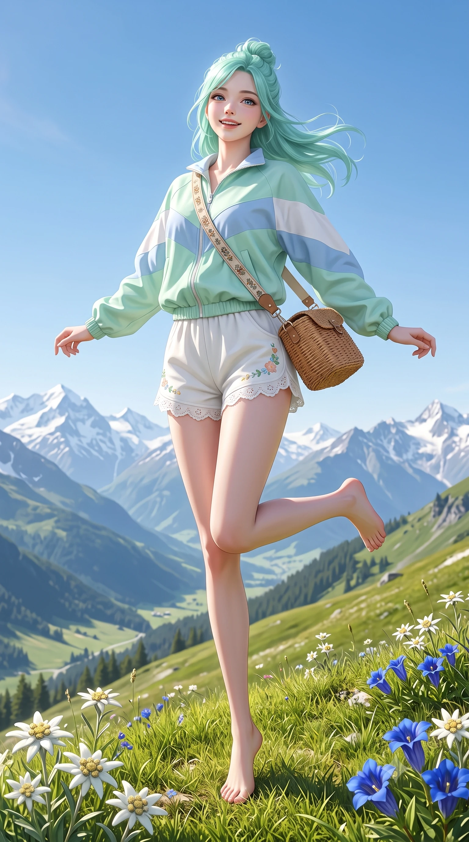 score_9, masterpiece, best quality, ultra-detailed, high-budget anime keyframe, semi-realistic 3D game render, editorial fashion photography, tasteful artistic composition, Japanese woman. low angle full-body shot from head to toe showing her feet, filling the entire 9:16 vertical frame with her statuesque presence, stretching her vertical silhouette. standing poised on one leg with a playful hop and joyful expression, her long legs and slender figure highlighted against the landscape while resting on a sunlit grassy knoll overlooking sweeping alpine valleys with an innocent, radiant smile. The surrounding environment is rendered in vivid detail and crisp panoramic clarity. sharp snowcapped Alpine ridge lines, vibrant edelweiss and blue gentian petals, and green pine slopes in crisp panoramic clarity. She has an absolutely perfect, statuesque 8.5-heads proportion, an exceptionally tall and slender model-like female figure with impossibly long slender legs, a toned flat midriff, and an ultra-slim waist. sharp v-shaped jawline, high-bridge nose, intricate jewel-like eyes with depth, thick eyelashes, glossy lips with a natural sheen, pure and lovely fresh girlhood expression, flawlessly proportioned anatomical accuracy, strict slender model proportions, natural body alignment, perfectly sculpted long slender limbs, ultra-slim waistline, clean dynamic posture without body distortion. wearing a cute sporty pastel windbreaker paired with high-waisted active shorts and a canvas crossbody bag in gentle baby blue and cloud white, woven with delicate eyelet lace and breathable cotton voile, accessorized with a rustic woven wicker bag and canvas strap, the soft airy drape swaying gracefully with her dynamic movements, emphasizing her tall willowy build and slim waistline. bathed in brilliant morning alpine sunshine and pure crystal-clear blue sky ambient illumination. highly saturated vibrant anime colors, detailed shading with soft gradients, rich glossy textures, high-contrast stereoscopic depth, volumetric dynamic lighting, master piece, 9:16 ratio