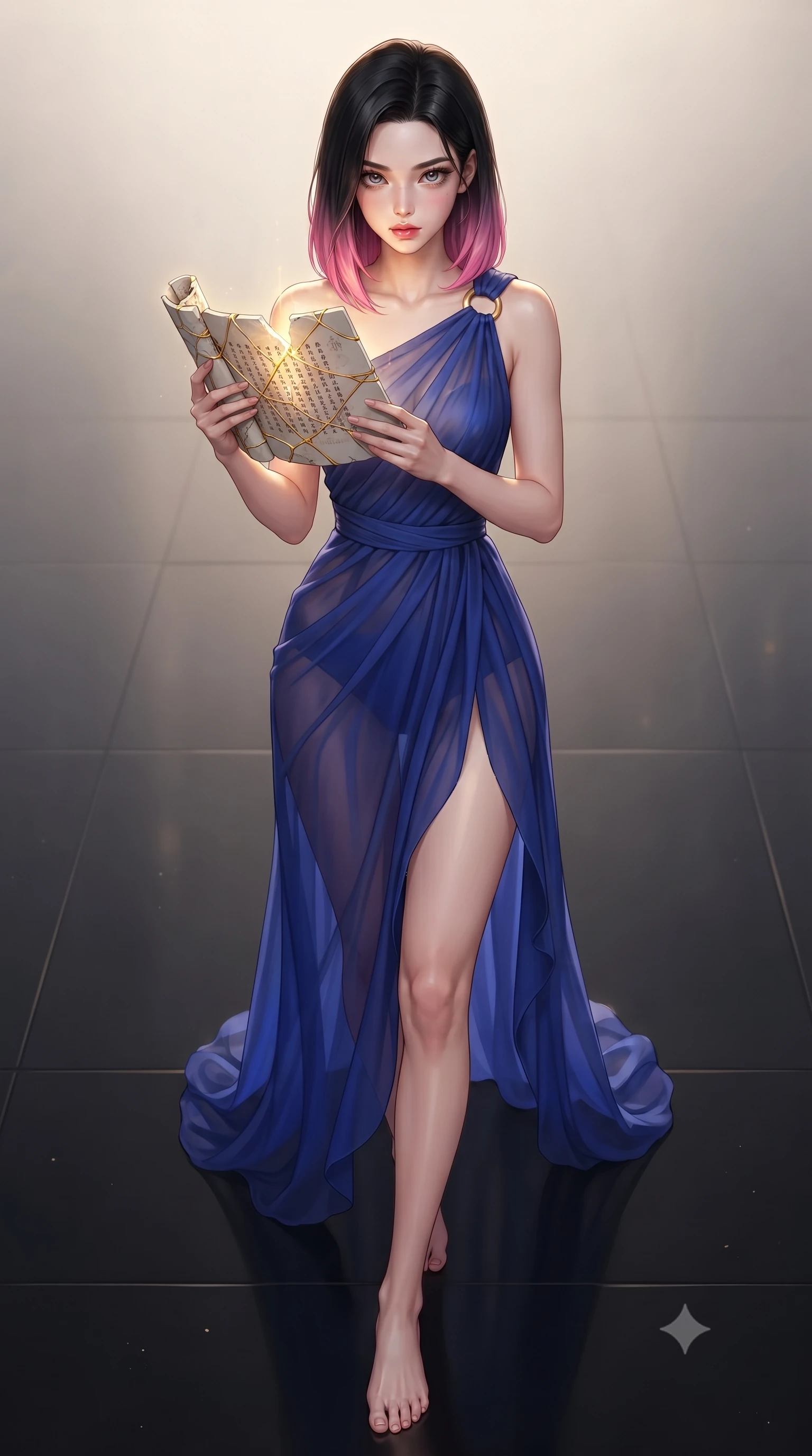 score_9, masterpiece, best quality, ultra-detailed, high-budget anime keyframe, editorial fashion photography, tasteful artistic composition, Korean woman. low angle full-body shot from head to toe showing her feet, filling the entire 9:16 vertical frame with her statuesque presence, stretching her vertical silhouette. stepping forward with proud posture, filling the vertical frame with her magnetic presence inspecting a fine ceramic manuscript decorated with cobalt blue ink patterns, delicate golden threads binding shattered pottery pieces together. She has an absolutely perfect, statuesque 8.5-heads proportion, an exceptionally tall and slender model-like female figure with impossibly long slender legs and an ultra-slim waist. sharp v-shaped jawline, high-bridge nose, intricate jewel-like eyes with depth, thick eyelashes, glossy lips with a natural sheen. wearing an elegant Grecian draped chiffon gown with an asymmetrical shoulder strap and ring detail, the form-contouring material highlighting her ultra-slim waist and long lines. bathed in radiant golden kintsugi light radiating from ceramic cracks. ultra-reflective glossy finish, specular highlights, metallic sheen, high-contrast stereoscopic depth, volumetric dynamic lighting, 2k, ultra detail, master piece, 9:16 ratio