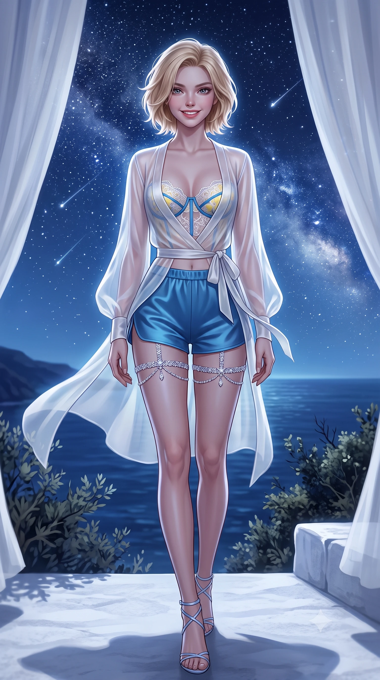 score_9, masterpiece, best quality, ultra-detailed, high-budget anime keyframe, semi-realistic 3D game render, editorial fashion photography, tasteful artistic composition, Caucasian woman. low angle full-body shot from head to toe showing her feet, filling the entire 9:16 vertical frame with her statuesque presence, stretching her vertical silhouette. stepping forward in a confident stride, her long slender legs and curvaceous hips creating a dynamic, sweeping vertical line while standing poised on the white stone platform at the highest cliff point of Anacapri, arching her lower back as Mediterranean nocturnal winds billow sheer linen canopies around her silhouette. The background shows a soft-focus vast panorama of the open Mediterranean Sea stretching to the horizon, shooting stars streaking across dense Milky Way starfields, and cliff edge shrubs blurred into indigo, diamond, and cream bokeh. She has an exceptionally tall and slender model-like 8.5-heads proportion, an ultra-slim waist, a flat toned midriff, narrow delicate ribcage, and beautifully sculpted feminine hips creating a graceful, slim hourglass silhouette without any bulky heaviness, with impossibly long slender legs. sharp v-shaped jawline, high-bridge nose, intricate jewel-like sparkling eyes with depth, thick eyelashes, glossy parted lips with a natural peach sheen, bright cheerful beaming smile with an enchanting and coquettish sensual glint, exuding both youthful cute charm and seductive allure, flawlessly proportioned anatomical accuracy, strict slender model proportions, natural body alignment, perfectly sculpted long slender limbs, ultra-slim waistline, clean dynamic posture without body distortion. wearing a delicate translucent silk organza wrap robe worn loose over a sheer lace demi-bustier and satin tap pants in Positano lemon blossom ivory and Mediterranean azure, woven from buttery-soft stretch lambskin leather adhering to her body like a second skin, finished with delicate crystal-encrusted thigh garter straps glinting in the dim light, the glove-like clinging cut tightly following the natural contour of her hips and long slender legs with youthful 8.5-heads elegance. illuminated by white stucco bounce fill and sharp starlight-platinum rim lights defining her dewy collarbones, ultra-slim waist, and curvy hips. highly saturated vibrant anime colors, detailed shading with soft gradients, rich glossy textures, high-contrast stereoscopic depth, volumetric dynamic lighting, master piece, 9:16 ratio