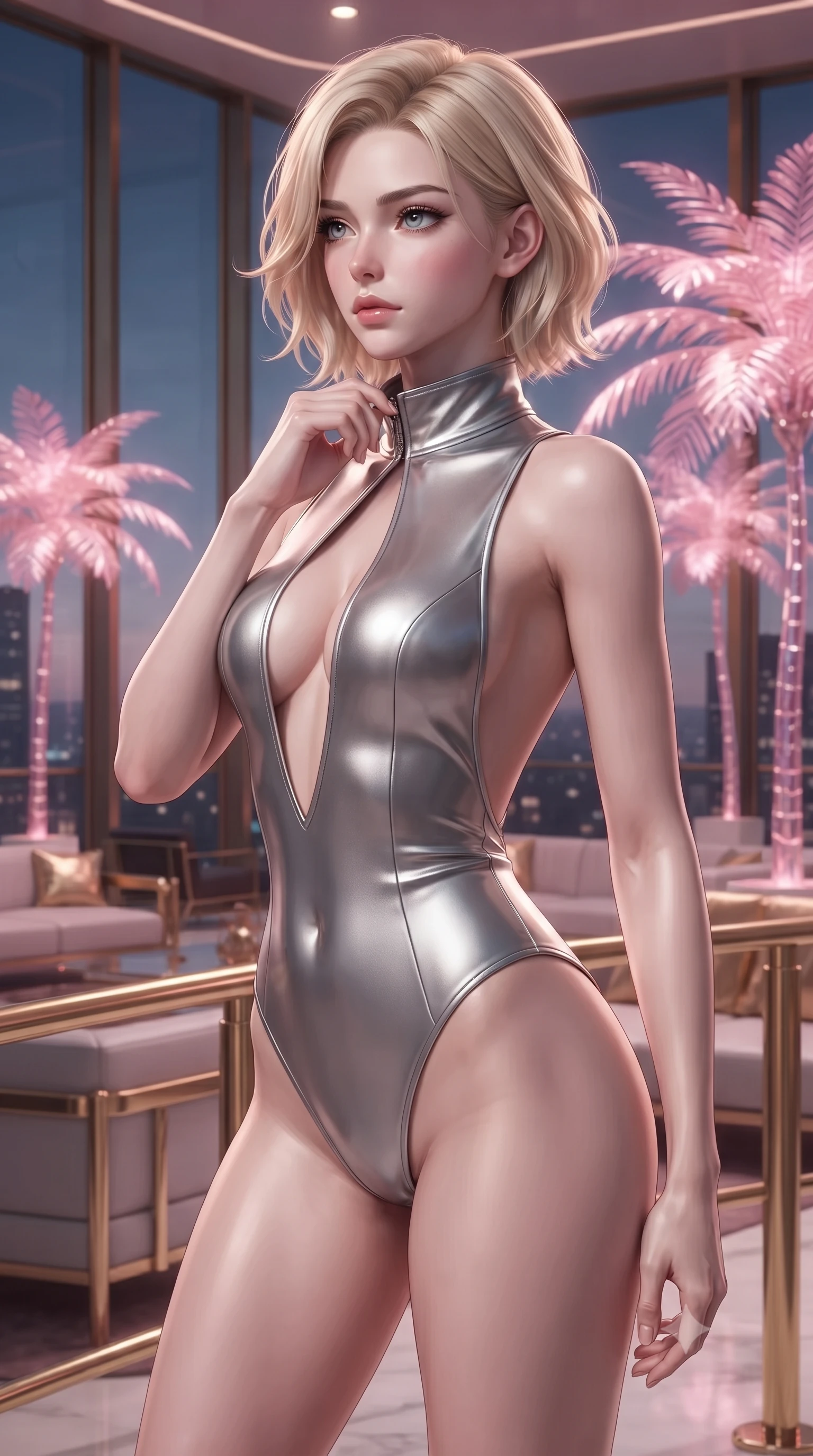 score_9, masterpiece, best quality, ultra-detailed, high-budget anime keyframe, editorial fashion photography, tasteful artistic composition, Caucasian woman. close-up cowboy shot from the waist and thighs up, the character dominates the composition, filling the frame with her large presence, background elements kept in soft focus. adjusting the high collar of her body-hugging suit, looking past the camera with quiet, sharp focus and a composed expression, the background shows a soft-focus a luxury lounge with floor-to-ceiling windows and gold-plated details. She has an exceptionally elegant, slender, and willowy female figure with an ultra-slim waist, a gracefully sculpted slender torso, and a refined silhouette. sharp v-shaped jawline, high-bridge nose, intricate jewel-like eyes with depth, thick eyelashes, glossy lips with a natural sheen. wearing a tailored backless combat bodysuit in metallic silver, featuring a plunging keyhole cutout and low-cut back. pink holographic palm trees casting a soft, warm glow over the lounge. ultra-reflective glossy finish, specular highlights, metallic sheen, high-contrast stereoscopic depth, volumetric dynamic lighting, 2k, ultra detail, master piece, 9:16 ratio