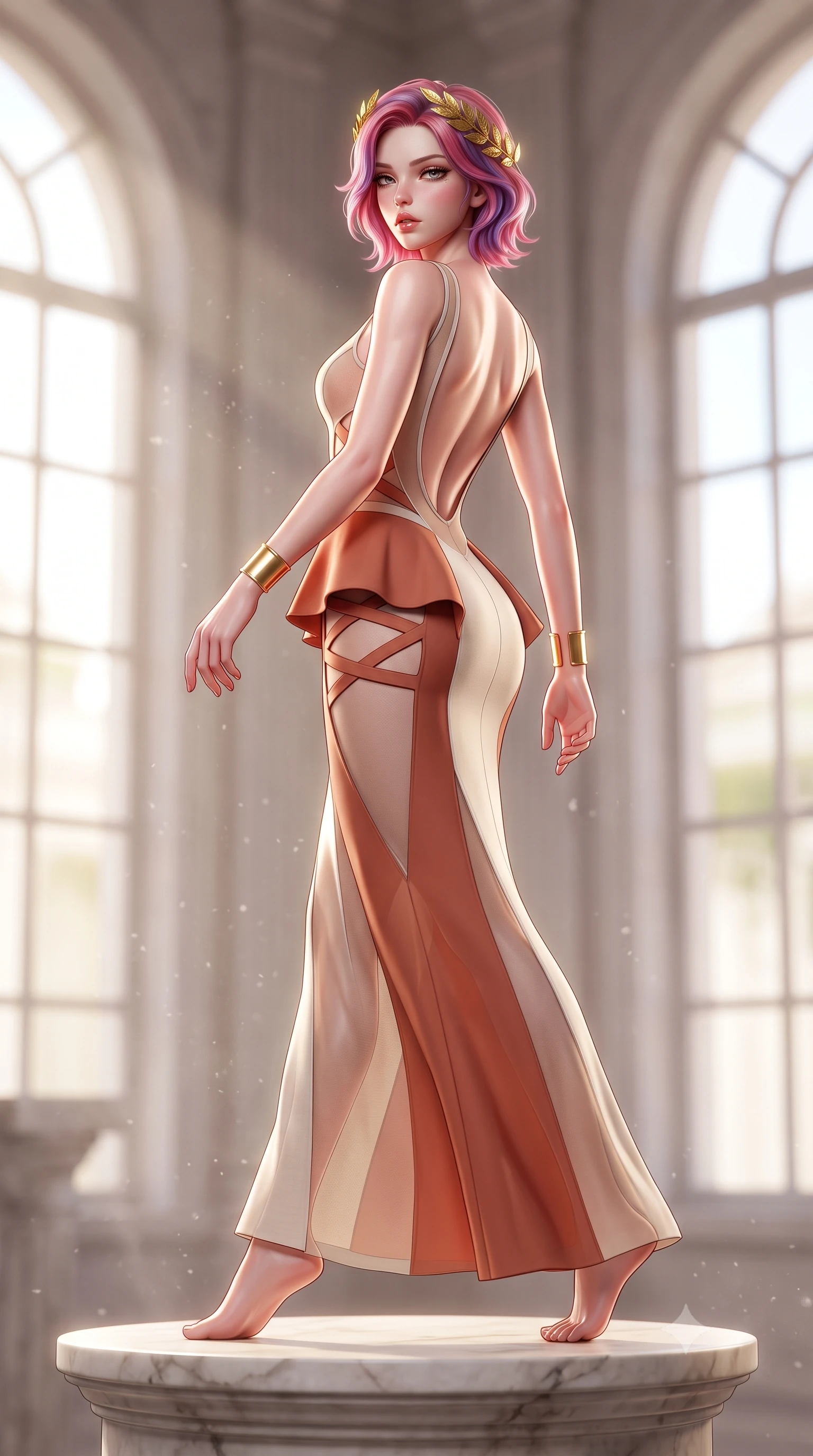 score_9, masterpiece, best quality, ultra-detailed, high-budget anime keyframe, semi-realistic 3D game render, editorial fashion photography, tasteful artistic composition, Caucasian woman. low angle full-body shot from head to toe showing her feet, filling the entire 9:16 vertical frame with her statuesque presence, stretching her vertical silhouette. striding forward in a proud supermodel runway stride, hips swaying in an alluring kinetic rhythm that accentuates her curvy hourglass silhouette while perching on a classical marble pedestal with back arched like a Renaissance sculpture, hips tilted in a dramatic contrapposto pose. The composition keeps background elements in soft focus with creamy bokeh. soaring arched studio windows and drifting marble dust softened in classical artistic shallow focus. She has an absolutely perfect, statuesque 8.5-heads proportion, an exceptionally tall and slender model-like female figure with impossibly long slender legs, a toned flat midriff, an ultra-slim waist, and beautifully sculpted feminine hips. sharp v-shaped jawline, high-bridge nose, intricate jewel-like eyes with depth, thick eyelashes, glossy parted lips with a natural sheen, intensely captivating and seductive bedroom-eyes expression, flawlessly proportioned anatomical accuracy, strict slender model proportions, natural body alignment, perfectly sculpted long slender limbs, ultra-slim waistline, clean dynamic posture without body distortion. wearing a structural geometric peplum gown with sheer side-ribbon cutouts and form-fitting skirt in terracotta clay and natural linen ivory, made of sheer contouring power-mesh panels with anatomical curve lines, accessorized with a classical golden laurel wreath in her hair and minimalist gold cuffs, the dramatically scooped open back descending to the base of her spine, accentuating her razor-sharp statuesque lines and curvy hourglass silhouette. surrounded by a divine, timeless, and breathtakingly majestic living sculpture goddess aura. highly saturated vibrant anime colors, detailed shading with soft gradients, rich glossy textures, high-contrast stereoscopic depth, volumetric dynamic lighting, master piece, 9:16 ratio
