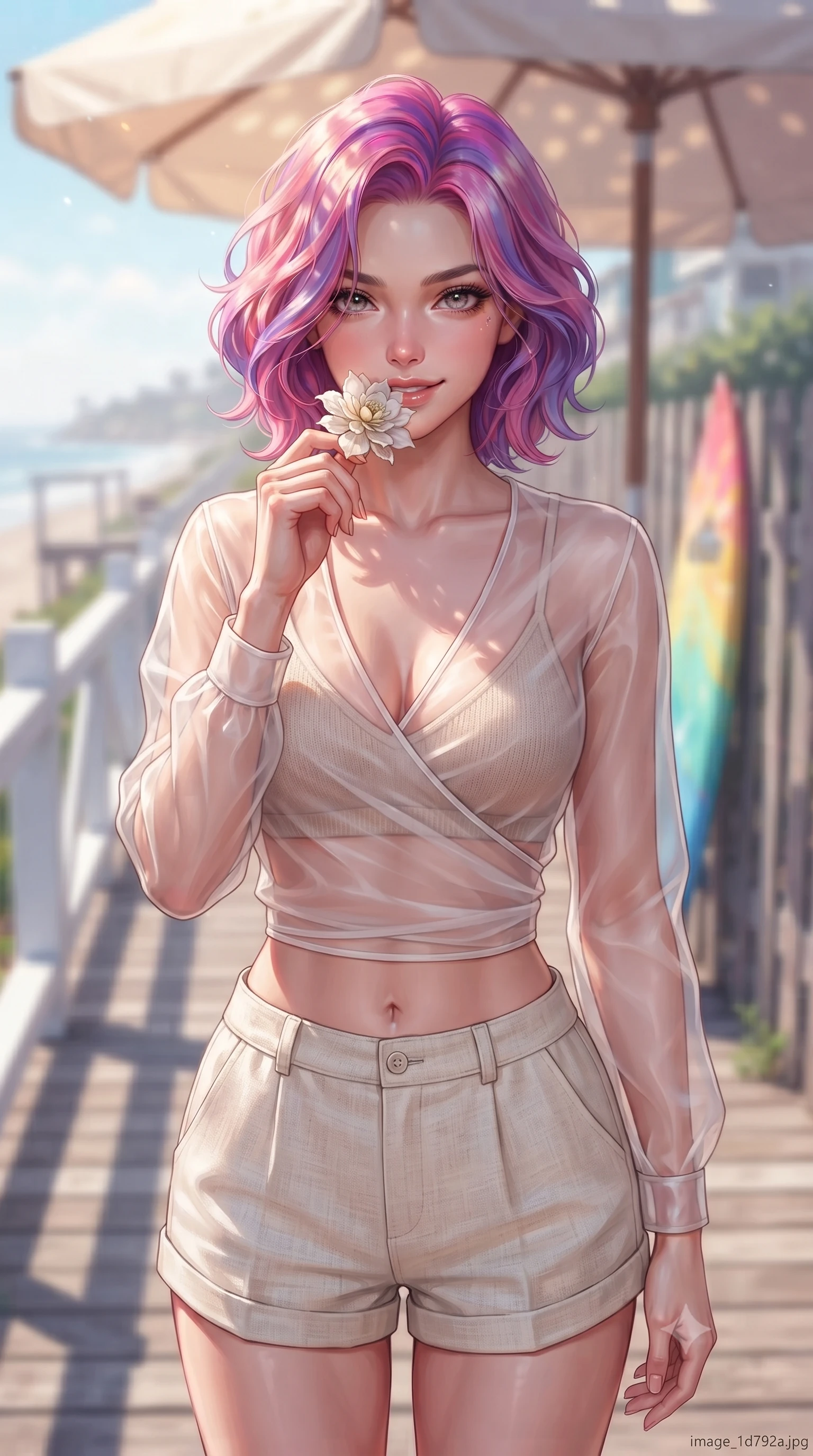 score_9, masterpiece, best quality, ultra-detailed, high-budget anime keyframe, editorial fashion photography, tasteful artistic composition, Caucasian woman. close-up cowboy shot from the waist and thighs up, the character dominates the composition, filling the frame with her large presence, background elements kept in soft focus. holding a delicate flower near her lips, smiling with magnetic self-assurance and glowing eyes set against a soft-focus background of walking along a wooden seaside boardwalk lined with white railings with a surfboard resting against a wooden fence in soft focus behind her. She has an exceptionally elegant, slender, and willowy female figure with an ultra-slim waist, a gracefully sculpted slender torso, and a refined silhouette. sharp v-shaped jawline, high-bridge nose, intricate jewel-like eyes with depth, thick eyelashes, glossy lips with a natural sheen. wearing body-hugging sheer organza wrap top over a slim-fit knit bralette and low-cut linen shorts. dappled sunlight filtering through a beach umbrella onto her shoulders. highly saturated vibrant anime colors, detailed shading with soft gradients, rich glossy textures, high-contrast stereoscopic depth, volumetric dynamic lighting, master piece, 9:16 ratio