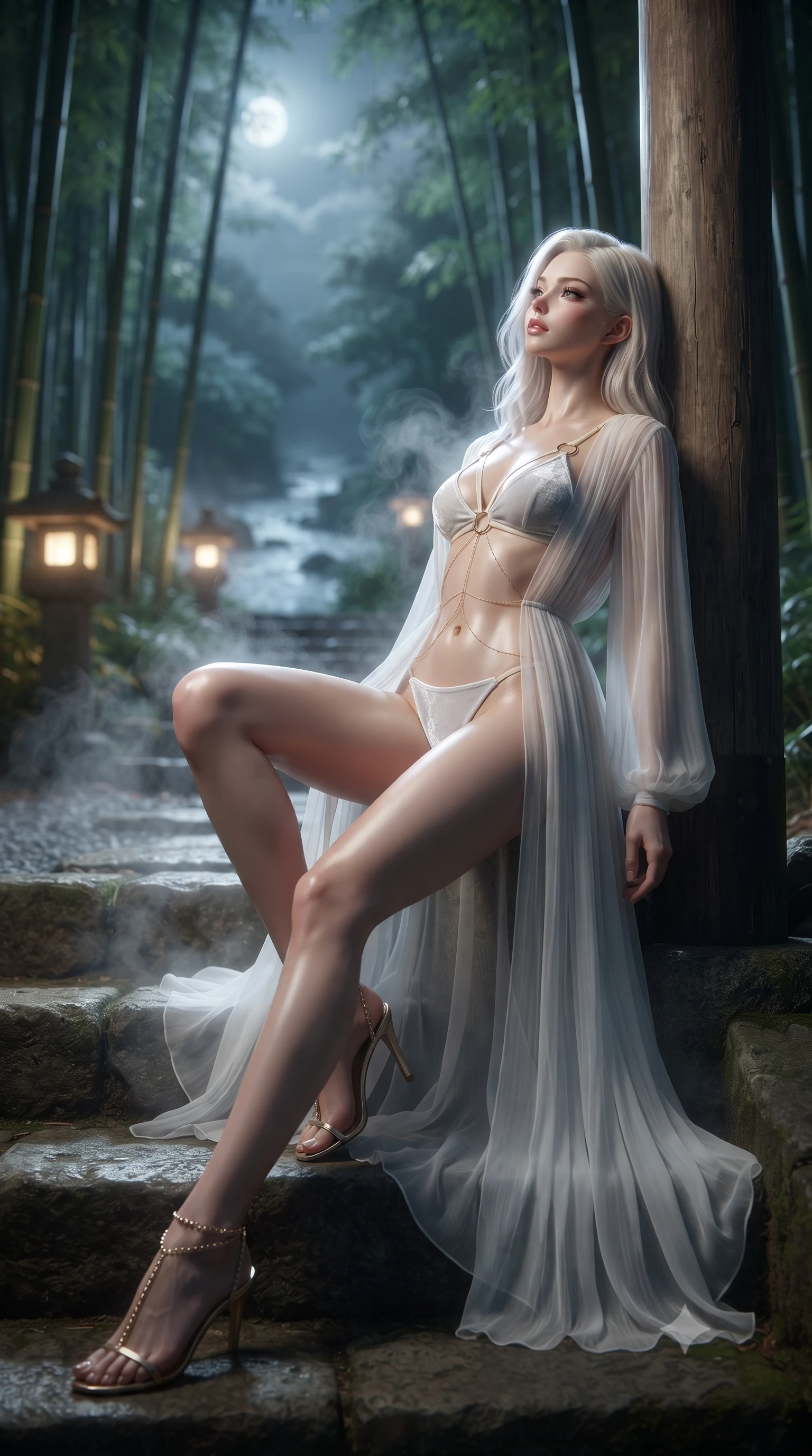 score_9, masterpiece, best quality, ultra-detailed, high-budget anime keyframe, editorial fashion photography, tasteful artistic composition, Caucasian woman. low angle full-body shot from head to toe showing her feet, filling the entire 9:16 vertical frame with her statuesque presence, stretching her vertical silhouette. sitting poised on the stone steps with one knee bent, arching her spine with supermodel elegance as she glances upward through thick eyelashes while leaning against the smooth unlacquered cypress pillar with hips cocked back, looking through rising thermal vapor with heavy-lidded bedroom-eyes. The background shows a soft-focus whispering Arashiyama bamboo stalks swayed by night breeze, glowing stone toro lanterns, and misty moonlit river gorge blurred into jade, silver, and charcoal bokeh. She has an exceptionally tall and slender model-like 8.5-heads proportion, an ultra-slim waist, a flat toned midriff, narrow delicate ribcage, and beautifully sculpted feminine hips creating a graceful, slim hourglass silhouette without any bulky heaviness, with impossibly long slender legs. sharp v-shaped jawline, high-bridge nose, intricate jewel-like sparkling eyes with depth, thick eyelashes, glossy parted lips with a natural peach sheen, bright cheerful beaming smile with an enchanting and coquettish sensual glint, exuding both youthful cute charm and seductive allure, flawlessly proportioned anatomical accuracy, strict slender model proportions, natural body alignment, perfectly sculpted long slender limbs, ultra-slim waistline, clean dynamic posture without body distortion. wearing an ethereal sheer Grecian pleated chiffon peignoir gown cascading open over a matching strappy gold-ring bralette and bikini in St. Moritz alpine frost white and icy crystal silver, tailored from ultra-plush silk velvet with rich tactile depth and deep shadow gradients, accented with a dainty gold belly chain resting across her flat midriff and curving hips, the second-skin tailored fabric adhering flawlessly to her sculpted flat midriff and slender torso, emphasizing her long leg lines and perfectly proportioned willowy build. illuminated by hot spring water caustics bounce and sharp pearlescent rim lights sculpting her jawline, flat midriff, and curvaceous hips. ultra-reflective glossy finish, specular highlights, rich textural contrasts, high-contrast stereoscopic depth, volumetric dynamic lighting, 2k, ultra detail, master piece, 9:16 ratio