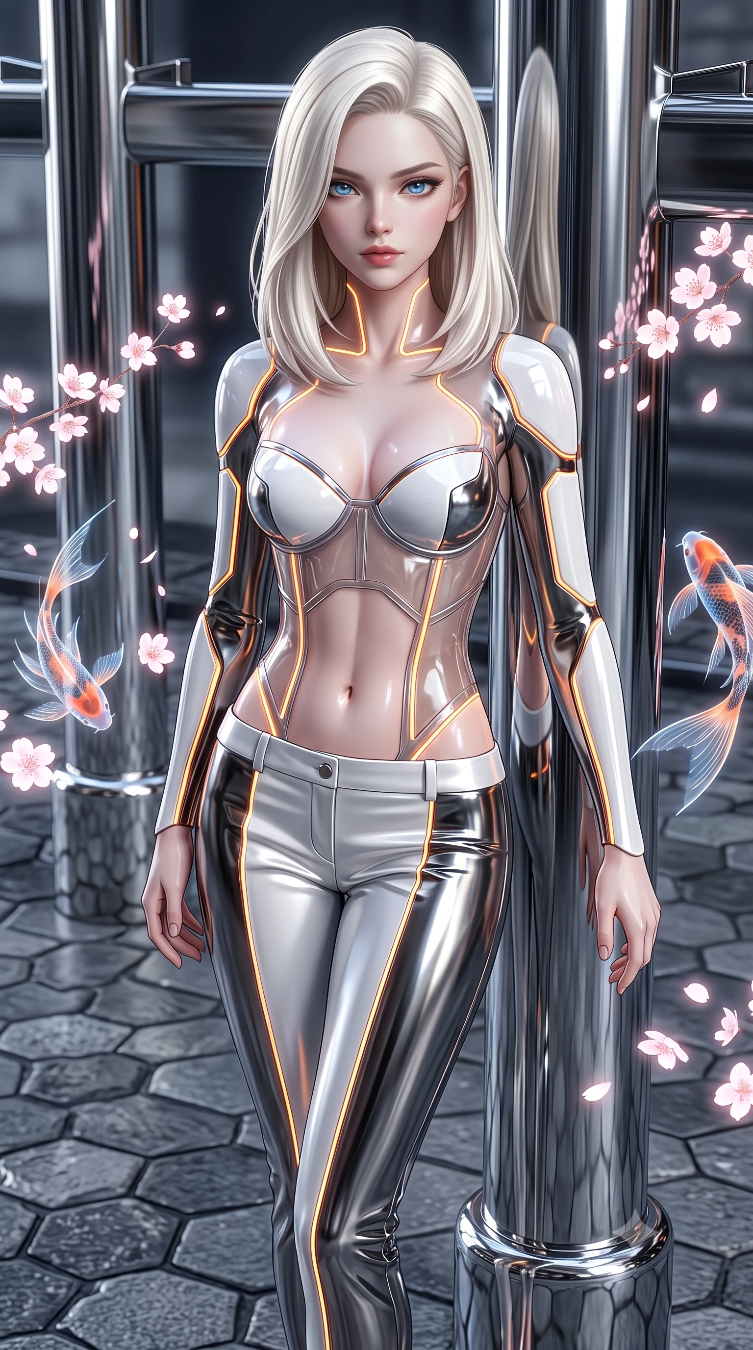 score_9, masterpiece, best quality, ultra-detailed, high-budget anime keyframe, editorial fashion photography, tasteful artistic composition, Caucasian woman. close-up cowboy shot from the waist and thighs up, the character dominates the composition, filling the frame with her large presence. gazing forward with divine sovereign poise, captivating jewel-like eyes shining with transcendent luminescence and alluring grace while leaning against a chrome torii pillar with a serene, haughty gaze as digital cherry blossoms float past. The surrounding environment is rendered in vivid detail and crisp panoramic clarity. intricate chrome torii pillar reflections, holographic koi fin filaments, and hexagonal stone textures in deep focus. She has an exceptionally elegant, slender, and willowy female figure with an ultra-slim waist, a gracefully sculpted slender torso, toned flat midriff, and a refined slim silhouette. sharp v-shaped jawline, high-bridge nose, intricate jewel-like eyes with depth, thick eyelashes, glossy lips with a natural sheen, flawlessly proportioned anatomical accuracy, strict slender model proportions, natural body alignment, perfectly sculpted long slender limbs, ultra-slim waistline, clean dynamic posture without body distortion. wearing a structured translucent cyber-corset paired with tailored high-fashion satin trousers that sharply cinch her ultra-slim waist in high-contrast monochrome white enamel and glowing amber lines, crafted from ultra-reflective second-skin liquid metal with a mirror-like polish, accented with glowing fiber-optic seams tracing her collarbones and hip curves, the glove-like aerodynamic second-skin fit tightly clinging to her ultra-slender waist and athletic curves without adding bulk, accentuating her razor-sharp statuesque lines and slim hourglass silhouette. illuminated by crisp specular highlights tracing her sculpted flat midriff, waist, and long slender legs. ultra-reflective glossy finish, specular highlights, dark metallic sheen, high-contrast stereoscopic depth, volumetric dynamic lighting, 2k, ultra detail, master piece, 9:16 ratio
