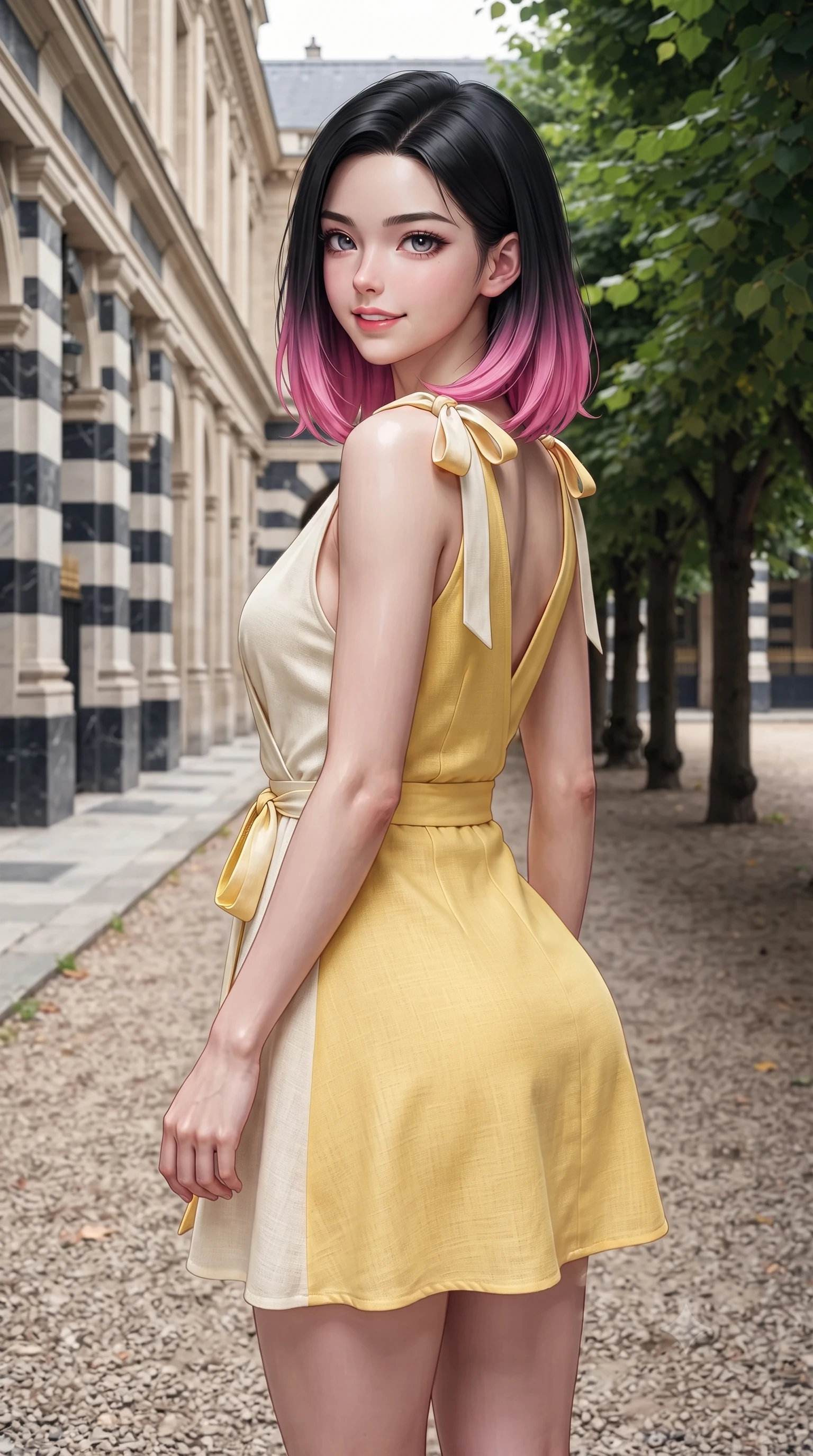 score_9, masterpiece, best quality, ultra-detailed, high-budget anime keyframe, editorial fashion photography, tasteful artistic composition, Korean woman. close-up cowboy shot from the waist and thighs up, the character dominates the composition, filling the frame with her large presence. posing in an alluring rear three-quarter angle, turning over a bare shoulder with an intoxicating cute smile, her hips cocked back to highlight her slim hourglass curve while walking dynamically down the shaded gravel alley lined with linden trees, her stylish form-fitting outfit accentuating her feminine hips. The surrounding environment is rendered in vivid detail and crisp panoramic clarity. sharp black-and-white marble column striping, gravel path textures, and classical French facade moldings in deep focus. She has an exceptionally elegant, slender, and willowy female figure with an ultra-slim waist, flat toned midriff, narrow ribcage, and sculpted feminine hips creating an alluring, slim hourglass silhouette without bulk. sharp v-shaped jawline, high-bridge nose, intricate jewel-like sparkling eyes with depth, thick eyelashes, glossy parted lips with a natural peach sheen, bright cheerful beaming smile with an enchanting and coquettish sensual glint, exuding both youthful cute charm and seductive allure, flawlessly proportioned anatomical accuracy, strict slender model proportions, natural body alignment, perfectly sculpted long slender limbs, ultra-slim waistline, clean dynamic posture without body distortion. wearing a breezy wrap mini dress with a deep V-neckline and tie-waist accentuating her sculpted flat midriff and hips in bright butter yellow and fresh cream white, crafted from soft breathable linen with effortless natural drape, finished with cute satin bow ribbons tying at the shoulders, the high-waisted tailoring accentuating her ultra-slim waistline and the enchanting curve of her feminine hips with alluring charm. illuminated by light stone courtyard bounce light contouring her sculpted cheekbones, ultra-slim waist, and curvy hips. ultra-reflective glossy finish, specular highlights, rich textural contrasts, high-contrast stereoscopic depth, volumetric dynamic lighting, 2k, ultra detail, master piece, 9:16 ratio