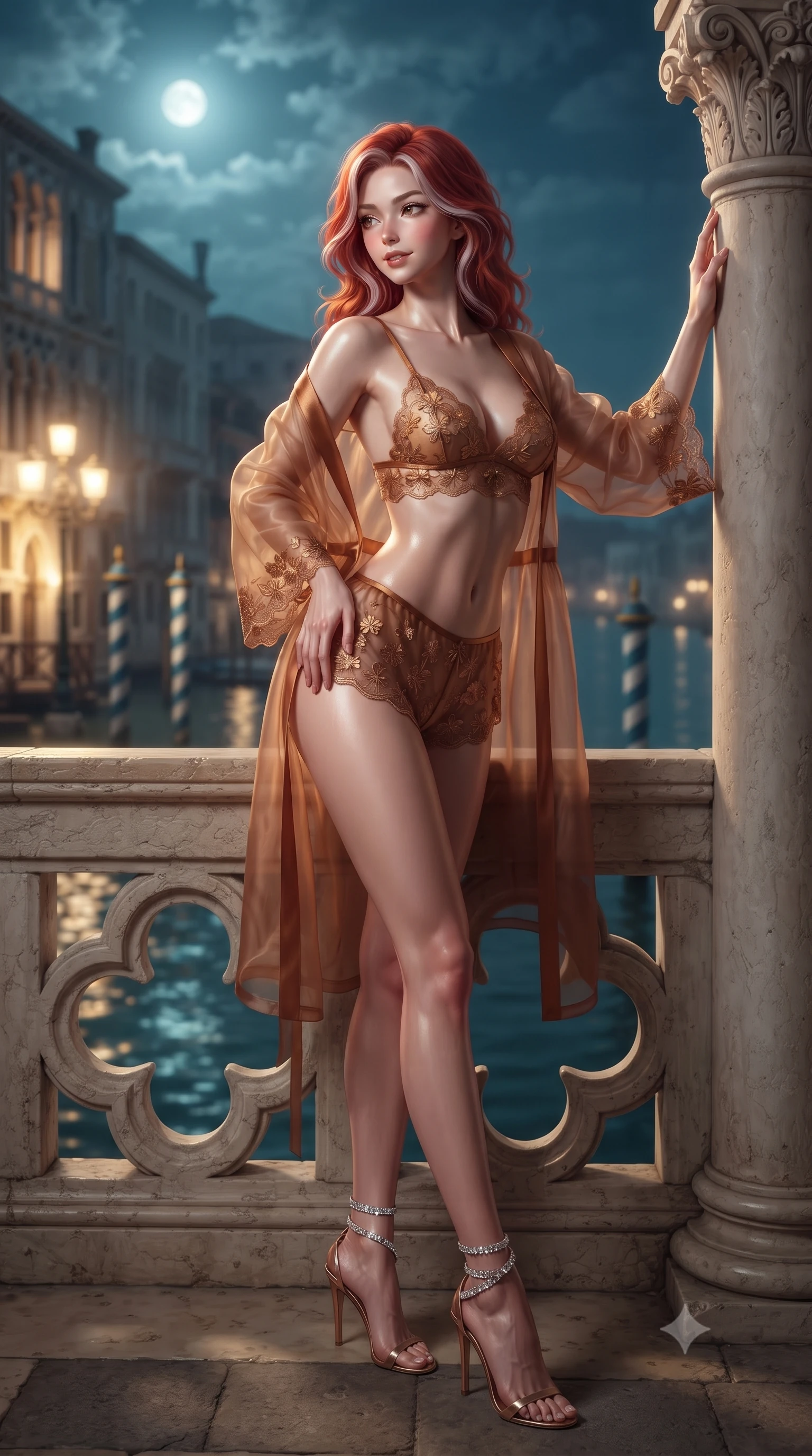 score_9, masterpiece, best quality, ultra-detailed, high-budget anime keyframe, editorial fashion photography, tasteful artistic composition, Caucasian woman. low angle full-body shot from head to toe showing her feet, filling the entire 9:16 vertical frame with her statuesque presence, stretching her vertical silhouette. standing tall beside the architectural column, one hand resting high while arching her lower back to emphasize her sculpted feminine hips and slender waist while leaning against the carved quatrefoil stone balustrade with hips cocked back, casting an intoxicating smoldering bedroom-gaze over the moonlit canal. The background shows a soft-focus illuminated Baroque palazzi reflecting on dark Grand Canal waters, striped mooring poles, and moonlit Venetian mist blurred into turquoise, gold, and sapphire bokeh. She has an exceptionally tall and slender model-like 8.5-heads proportion, an ultra-slim waist, a flat toned midriff, narrow delicate ribcage, and beautifully sculpted feminine hips creating a graceful, slim hourglass silhouette without any bulky heaviness, with impossibly long slender legs. sharp v-shaped jawline, high-bridge nose, intricate jewel-like sparkling eyes with depth, thick eyelashes, glossy parted lips with a natural peach sheen, bright cheerful beaming smile with an enchanting and coquettish sensual glint, exuding both youthful cute charm and seductive allure, flawlessly proportioned anatomical accuracy, strict slender model proportions, natural body alignment, perfectly sculpted long slender limbs, ultra-slim waistline, clean dynamic posture without body distortion. wearing a sheer silk organza modern caftan robe worn loose and slipping off bare shoulders over a matching satin bralette and micro-shorts in warm cinnamon silk and burnished gold, made of delicate embroidered tulle lace with intricate floral motifs and soft transparency, complemented by strappy stiletto sandals with crystal ankle wraps accentuating her slender calves, the precision-cut side openings and low-back scoop framing her graceful spine and the sensual sweep of her slim, toned hips. bathed in the flickering golden glow of historic gas-lamp style canal lanterns mixed with ethereal silver moonlight. ultra-reflective glossy finish, specular highlights, rich textural contrasts, high-contrast stereoscopic depth, volumetric dynamic lighting, 2k, ultra detail, master piece, 9:16 ratio