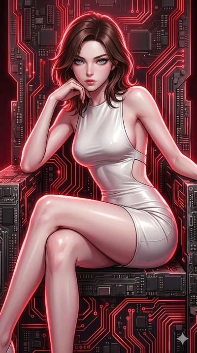 score_9, masterpiece, best quality, ultra-detailed, high-budget anime keyframe, Korean woman. Upper body close-up from the thighs up, character filling the screen for maximum presence. She is seated dynamically on a throne of calcified logic boards a