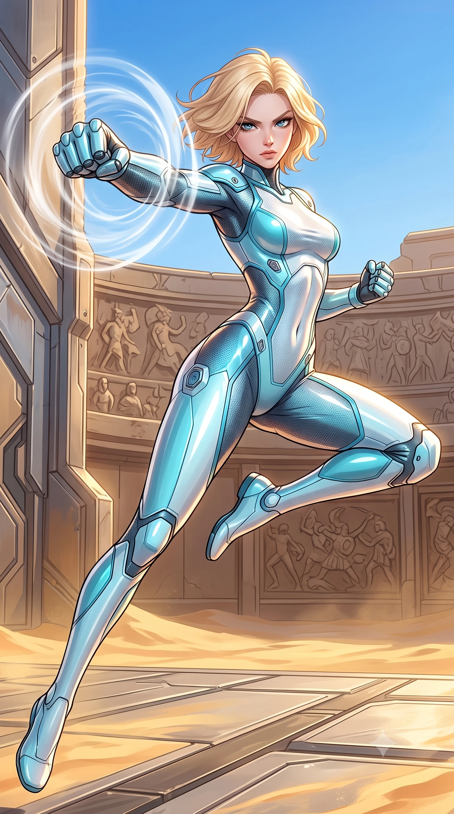 score_9, masterpiece, best quality, ultra-detailed, high-budget anime keyframe, semi-realistic 3D game render, editorial fashion photography, tasteful artistic composition, Caucasian woman. close-up cowboy shot from the waist and thighs up, the character dominates the composition, filling the frame with her large presence. thrusting a high-speed kinetic punch toward the camera, a visible conical shockwave distortion wrapping around her sleek carbon forearm while arching her back gracefully in mid-air with an athletic leap, her impossibly long slender legs stretched in flawless martial form. The surrounding environment is rendered in vivid detail and crisp panoramic clarity. intricate titanium armor plating bevels, colosseum wall carvings, and clear blue sky in high clarity. She has an exceptionally elegant, slender, and willowy female figure with an ultra-slim waist, a gracefully sculpted slender torso, toned flat midriff, and a refined slim silhouette. sharp v-shaped jawline, high-bridge nose, intricate jewel-like eyes with depth, thick eyelashes, glossy lips with a natural sheen, flawlessly proportioned anatomical accuracy, strict slender model proportions, natural body alignment, perfectly sculpted long slender limbs, ultra-slim waistline, clean dynamic posture without body distortion. wearing an ultra-sleek glacial-cyan and white carbon-mesh combat bodysuit with frost-resistant kinetic shock-absorber plating in glacial ice-cyan carbon mesh with pure white armor plates, formed from high-gloss patent carbon-plating with specular chiaroscuro reflections, finished with high-mobility flexible limb seams and miniature magnetic armor locks, the precision-cut daring openings accentuating her delicate midriff, graceful bare collarbones, and ultra-slim feminine waistline. bathed in brilliant midday desert sunshine and warm golden sand surface reflections. rich saturated anime colors with glowing neon highlights, detailed shading with soft gradients, rich glossy textures, high-contrast stereoscopic depth, volumetric dynamic lighting, master piece, 9:16 ratio
