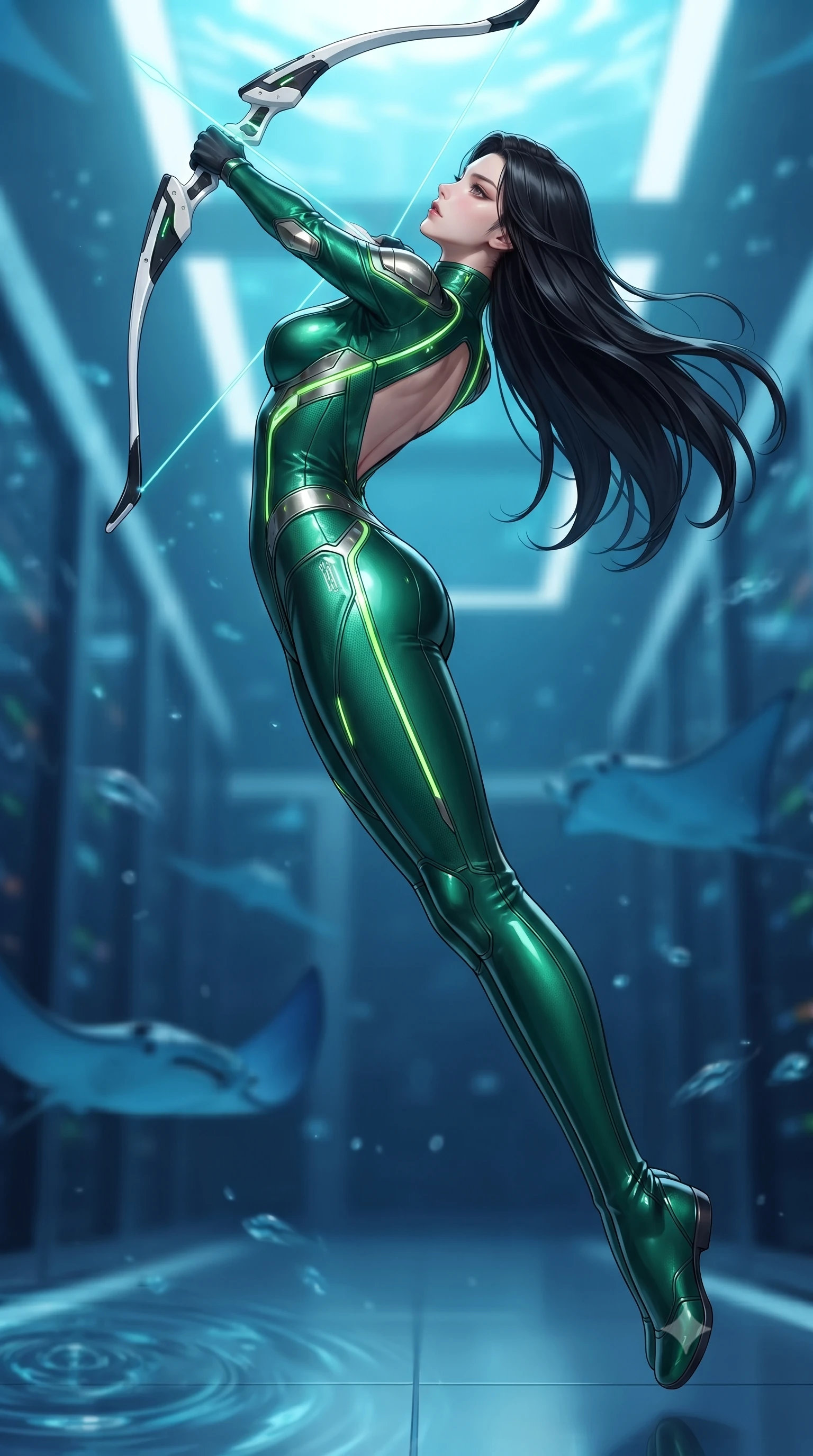 score_9, masterpiece, best quality, ultra-detailed, high-budget anime keyframe, editorial fashion photography, tasteful artistic composition, Korean woman. low angle full-body shot from head to toe showing her feet, filling the entire 9:16 vertical frame with her statuesque presence, stretching her vertical silhouette. arching her back gracefully in mid-air during a dynamic combat vault, her weapon energy trail framing her statuesque presence while striding down a server aisle with twin pistols held ready, hips swaying with fierce, confident authority. The composition keeps background elements in soft focus with creamy bokeh. swimming deep-sea manta rays and aquatic dome water ripples blurred into rich sapphire, cyan, and indigo bokeh. She has an absolutely perfect, statuesque 8.5-heads proportion, an exceptionally tall and slender model-like female figure with impossibly long slender legs, a toned flat midriff, and an ultra-slim waist. sharp v-shaped jawline, high-bridge nose, intricate jewel-like eyes with depth, thick eyelashes, glossy lips with a natural sheen, flawlessly proportioned anatomical accuracy, strict slender model proportions, natural body alignment, perfectly sculpted long slender limbs, ultra-slim waistline, clean dynamic posture without body distortion. wearing a tailored emerald-green carbon-fiber tactical jumpsuit with glowing lime LED channels and an open cowl back, drawing a floating holographic photon energy bow with supreme grace in monochrome white enamel carbon with high-contrast black panels, made of lightweight aerodynamic carbon-titanium alloy with polished edge bevels, reinforced by a sleek titanium tactical harness and glowing micro-energy straps, the form-contouring material adhering flawlessly to her sculpted flat midriff and slender torso, emphasizing her long leg lines and perfectly proportioned willowy build. surrounded by an ultra-sleek, stealthy, and intensely seductive oceanic special-operative aura. ultra-reflective glossy finish, specular highlights, dark metallic sheen, high-contrast stereoscopic depth, volumetric dynamic lighting, 2k, ultra detail, master piece, 9:16 ratio
