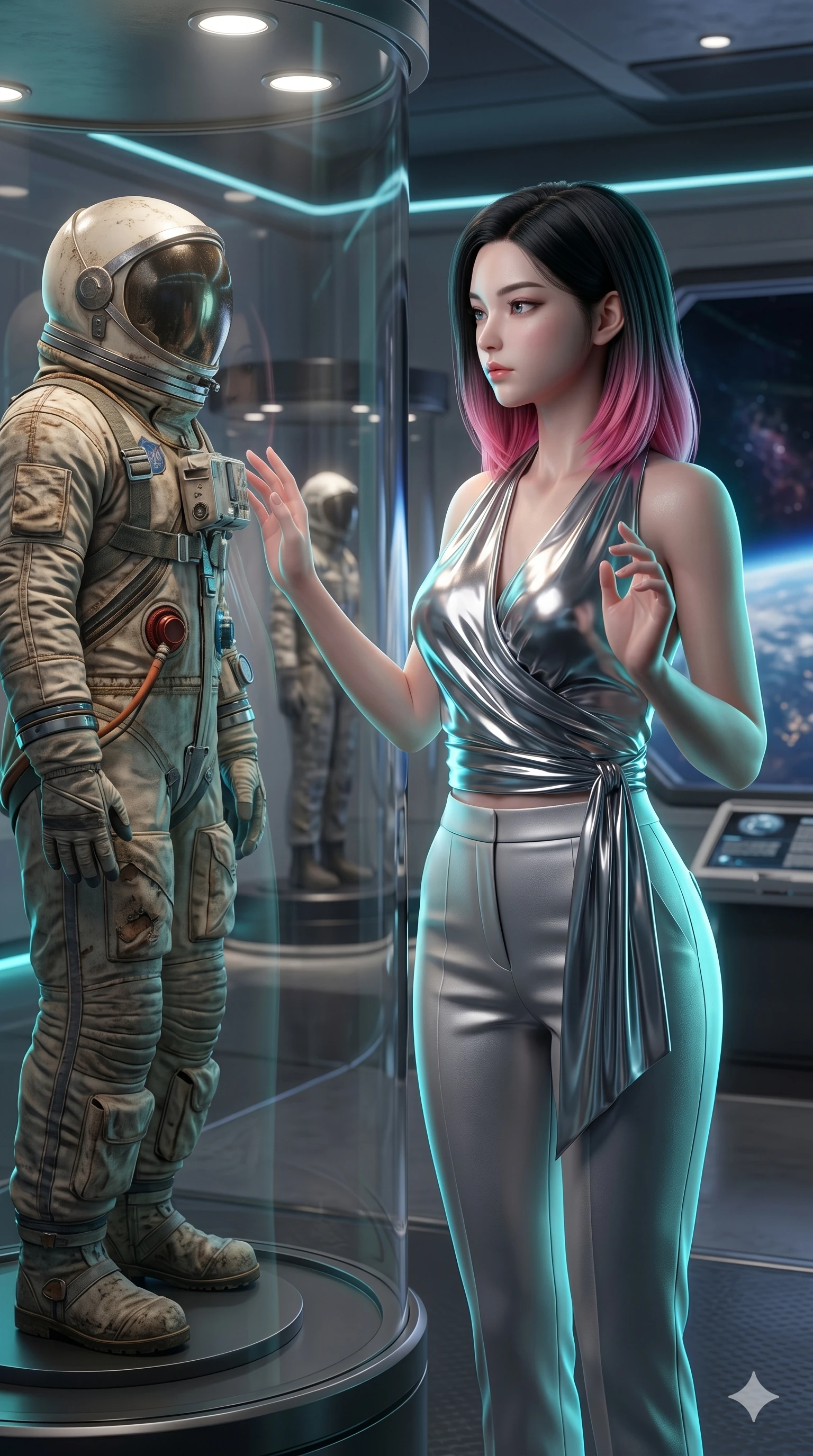 score_9, masterpiece, best quality, ultra-detailed, high-budget anime keyframe, semi-realistic 3D game render, Korean woman. Upper body close-up from the thighs up, character filling the screen for maximum presence. Standing in an orbital museum, next to an old astronaut suit, looking at the suit with a reflective, serene expression. She is wearing an asymmetrical wrap top in liquid-chrome finish and high-waisted pants. The scene is lit by soft white spotlights on the exhibit and a cyan rim light. 2k, ultra detail, master piece, 9:16 ratio