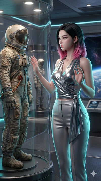 score_9, masterpiece, best quality, ultra-detailed, high-budget anime keyframe, semi-realistic 3D game render, Korean woman. Upper body close-up from the thighs up, character filling the screen for maximum presence. Standing in an orbital museum, nex