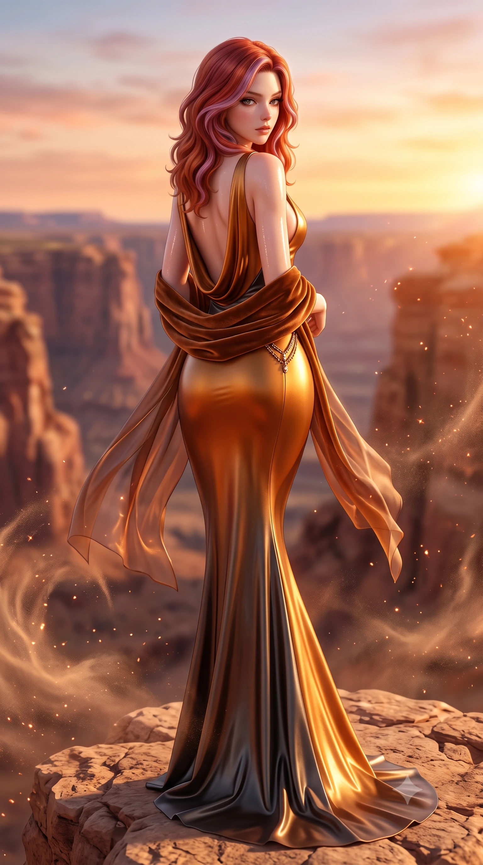 score_9, masterpiece, best quality, ultra-detailed, high-budget anime keyframe, semi-realistic 3D game render, editorial fashion photography, tasteful artistic composition, Caucasian woman. low angle full-body shot from head to toe showing her feet, filling the entire 9:16 vertical frame with her statuesque presence, stretching her vertical silhouette. posing with back turned slightly to the lens, glancing back with smoldering allure as she arches her lower back to emphasize her sculpted feminine hips and slender waist while standing poised on the canyon overlook rock ledge, the desert sunset wind fluttering her sheer wrap to reveal her long legs and narrow waist. The composition keeps background elements in soft focus with creamy bokeh. swirling desert dust particles and sunset pool water caustics scattering radiant copper sparkles. She has an exceptionally tall and slender model-like 8.5-heads proportion, an ultra-slim waist, a flat toned midriff, narrow delicate ribcage, and beautifully sculpted feminine hips creating a graceful, slim hourglass silhouette without any bulky heaviness, with impossibly long slender legs. sharp v-shaped jawline, high-bridge nose, intricate jewel-like eyes with depth, thick eyelashes, glossy parted lips with a natural sheen, intensely captivating and seductive bedroom-eyes expression, flawlessly proportioned anatomical accuracy, strict slender model proportions, natural body alignment, perfectly sculpted long slender limbs, ultra-slim waistline, clean dynamic posture without body distortion. wearing a sculptured liquid-satin mermaid gown with an ultra-deep cowl back descending to the base of her spine in molten amber-gold and dark gunmetal, formed from supple second-skin lambskin leather with specular sheen, complemented by a plush velvet shawl draped loosely over her elbows, the liquid-tight tailored fabric clinging flawlessly to her narrow waist and rounded feminine hips, emphasizing every millimeter of her sculpted slim hourglass curves without any bulky heaviness. illuminated by wet specular pool highlights accentuating her slender neckline, sculpted waist, and rounded hips. highly saturated vibrant anime colors, detailed shading with soft gradients, rich glossy textures, high-contrast stereoscopic depth, volumetric dynamic lighting, master piece, 9:16 ratio