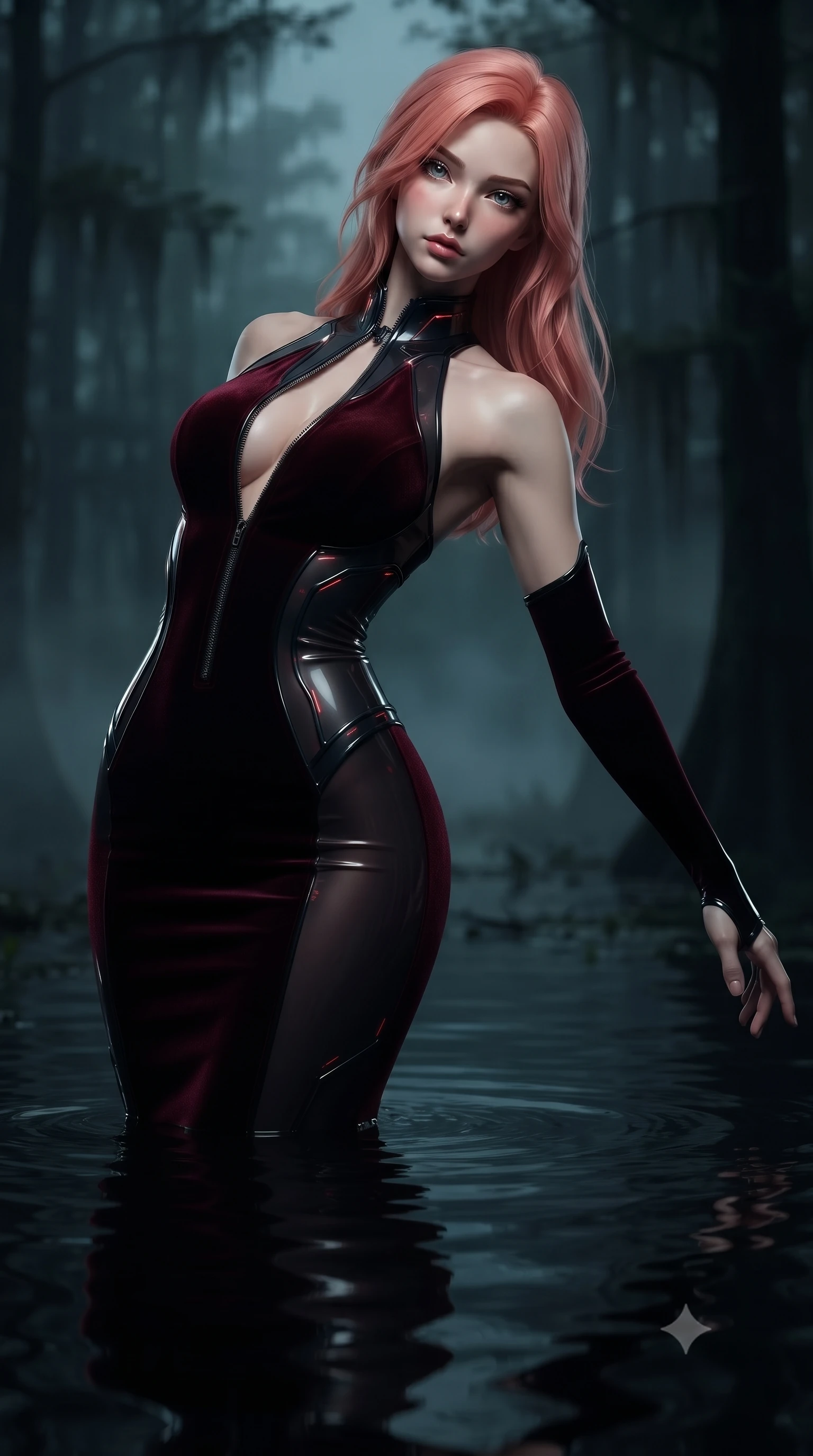 score_9, masterpiece, best quality, ultra-detailed, high-budget anime keyframe, editorial fashion photography, tasteful artistic composition, Japanese woman. close-up cowboy shot from the waist and thighs up, the character dominates the composition, filling the frame with her large presence. extending one arm gracefully toward the shadows while her torso arches in a sleek, alluring curve with intoxicating, dangerous allure while arching her spine in a fluid stretch as dark rippling water reflects her statuesque silhouette with haunting beauty. The composition keeps background elements in soft focus with creamy bokeh. swamp cypress silhouettes and drifting water vapor softened by heavy atmospheric shallow focus. She has an exceptionally elegant, slender, and willowy female figure with an ultra-slim waist, a gracefully sculpted slender torso, toned flat midriff, and a refined slim silhouette. sharp v-shaped jawline, high-bridge nose, intricate jewel-like eyes with depth, thick eyelashes, glossy lips with a natural sheen, flawlessly proportioned anatomical accuracy, strict slender model proportions, natural body alignment, perfectly sculpted long slender limbs, ultra-slim waistline, clean dynamic posture without body distortion. wearing a velvet halter-neck midi dress fitting her statuesque contour flawlessly with a Tasteful chest slit and open spine in midnight onyx black and deep blood crimson, tailored from semi-translucent dark cybernetic vinyl with subtle glowing micro-filaments, featuring a dangerously unzipped neckline framed by subtle glowing cybernetic accents, the glove-like aerodynamic second-skin fit tightly clinging to her ultra-slender waist and athletic curves without adding bulk, accentuating her razor-sharp statuesque lines and slim hourglass silhouette. illuminated by soft glowing mist fill and crisp specular rim highlights tracing her slender curves. ultra-reflective glossy finish, specular highlights, dark metallic sheen, deep chiaroscuro contrast, volumetric dynamic shadow lighting, 2k, ultra detail, master piece, 9:16 ratio
