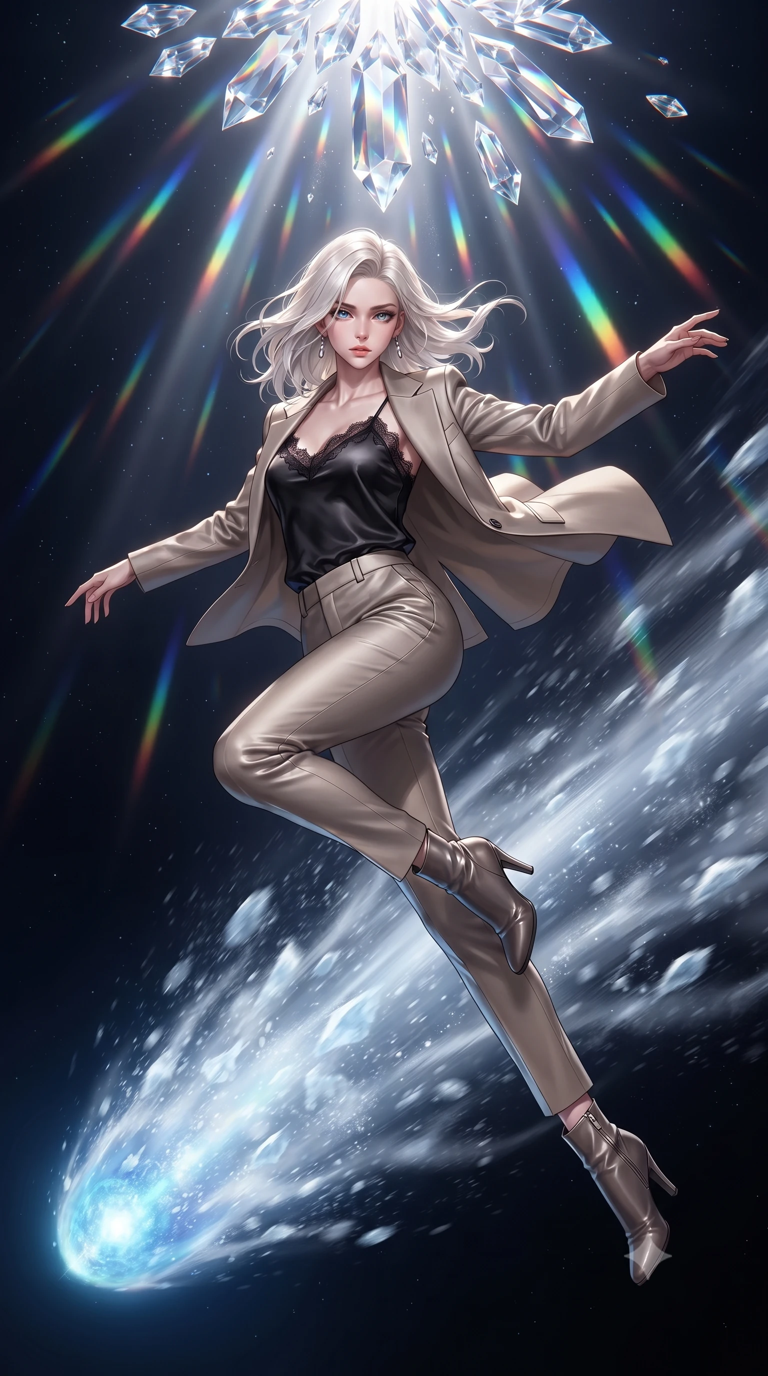 score_9, masterpiece, best quality, ultra-detailed, high-budget anime keyframe, editorial fashion photography, tasteful artistic composition, realistic cosplay photography, Caucasian woman, strictly human ears. low angle full-body shot from head to toe showing her feet, filling the entire 9:16 vertical frame with her statuesque presence, stretching her vertical silhouette. spinning mid-air in zero gravity to shoot in multiple directions, her silhouette stretched within riding the tail of a comet, ice and dust particles streaming past in a silver blur, the blue nucleus glowing ahead. She has a statuesque 8.5-heads proportion, an exceptionally tall, slender and willowy model-like build with impossibly long legs and a highly sculpted ultra-slim waist. sharp v-shaped jawline, high-bridge nose, intricate jewel-like eyes with depth, thick eyelashes, glossy lips with a natural sheen. wearing the lightweight fabric rippling and billowing dramatically with her movement, a tailored black fine lace-trimmed satin camisole layered under a structured beige blazer, paired with tailored pencil pants. cascading rainbow prismatic light refracting through crystal formations overhead. ultra-reflective glossy finish, specular highlights, metallic sheen, high-contrast stereoscopic depth, volumetric dynamic lighting, 2k, ultra detail, master piece, 9:16 ratio