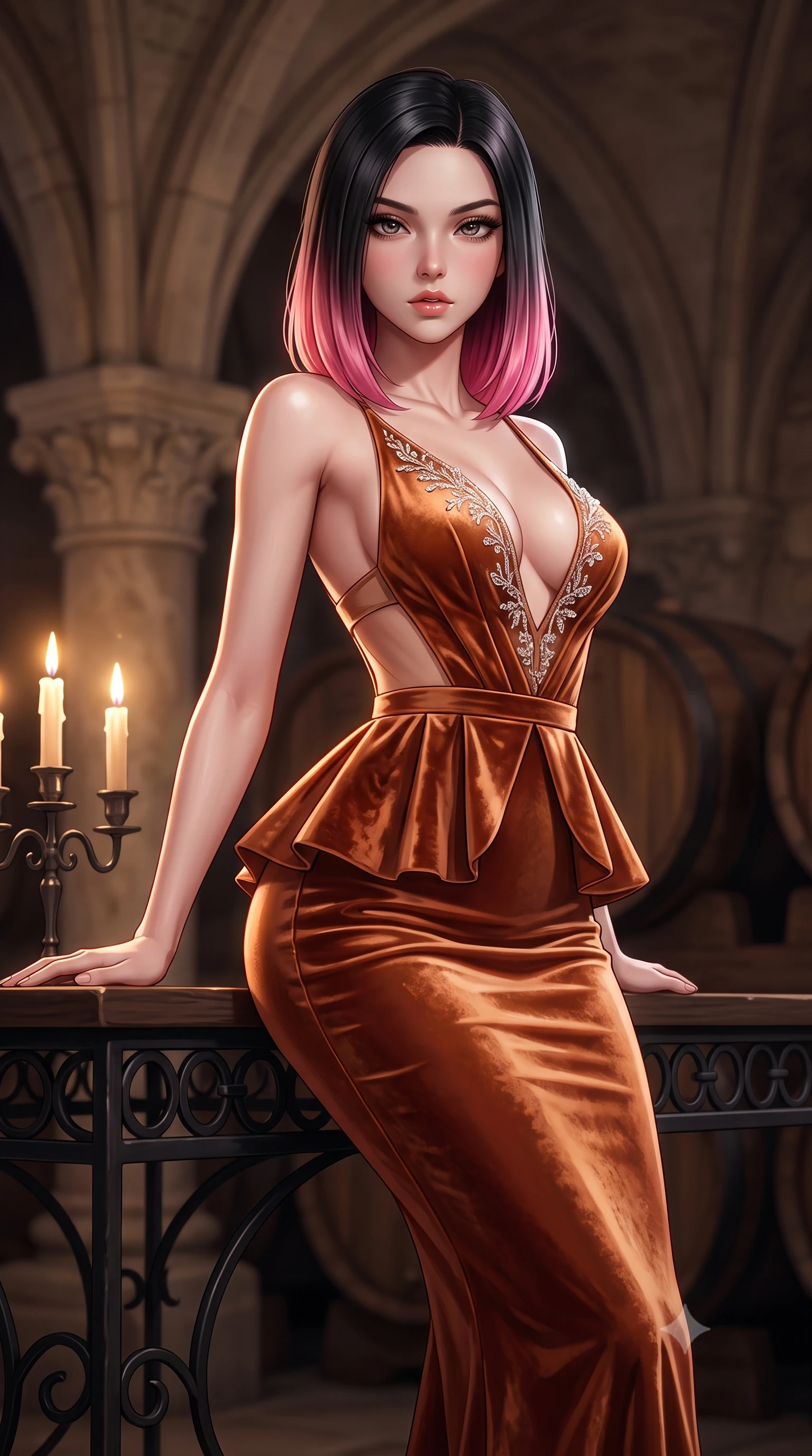 score_9, masterpiece, best quality, ultra-detailed, high-budget anime keyframe, semi-realistic 3D game render, editorial fashion photography, tasteful artistic composition, Korean woman. close-up cowboy shot from the waist and thighs up, the character dominates the composition, filling the frame with her large presence. leaning back with relaxed seductive grace, her sculpted collarbones and narrow waist highlighted as she casts smoldering bedroom-eyes directly into the camera while leaning forward against the wrought-iron cellar tasting table with hips cocked back, casting an alluring bedroom-glance through candlelight reflections. The composition keeps background elements in soft focus with creamy bokeh. towering carved limestone vaults and heavy oak cask silhouettes softened in atmospheric shallow focus. She has an exceptionally elegant, slender, and willowy female figure with an ultra-slim waist, a gracefully sculpted slender torso, toned flat midriff, and rounded feminine hips creating an alluring hourglass silhouette. sharp v-shaped jawline, high-bridge nose, intricate jewel-like eyes with depth, thick eyelashes, glossy parted lips with a natural sheen, intensely captivating and seductive bedroom-eyes expression, flawlessly proportioned anatomical accuracy, strict slender model proportions, natural body alignment, perfectly sculpted long slender limbs, ultra-slim waistline, clean dynamic posture without body distortion. wearing a structural geometric peplum gown with sheer side-ribbon cutouts and form-fitting skirt in aged tawny port amber and molten copper, crafted from heavyweight crushed silk velvet with liquid vintage luster, finished with delicate crystal frost embroidery tracing the plunging neckline, the glove-like aerodynamic silhouette tightly following the natural contour of her hips and long slender legs with statuesque precision. illuminated by rich specular rim lights defining her razor-sharp jawline, narrow waist, and curvy hips. highly saturated vibrant anime colors, detailed shading with soft gradients, rich glossy textures, high-contrast stereoscopic depth, volumetric dynamic lighting, master piece, 9:16 ratio