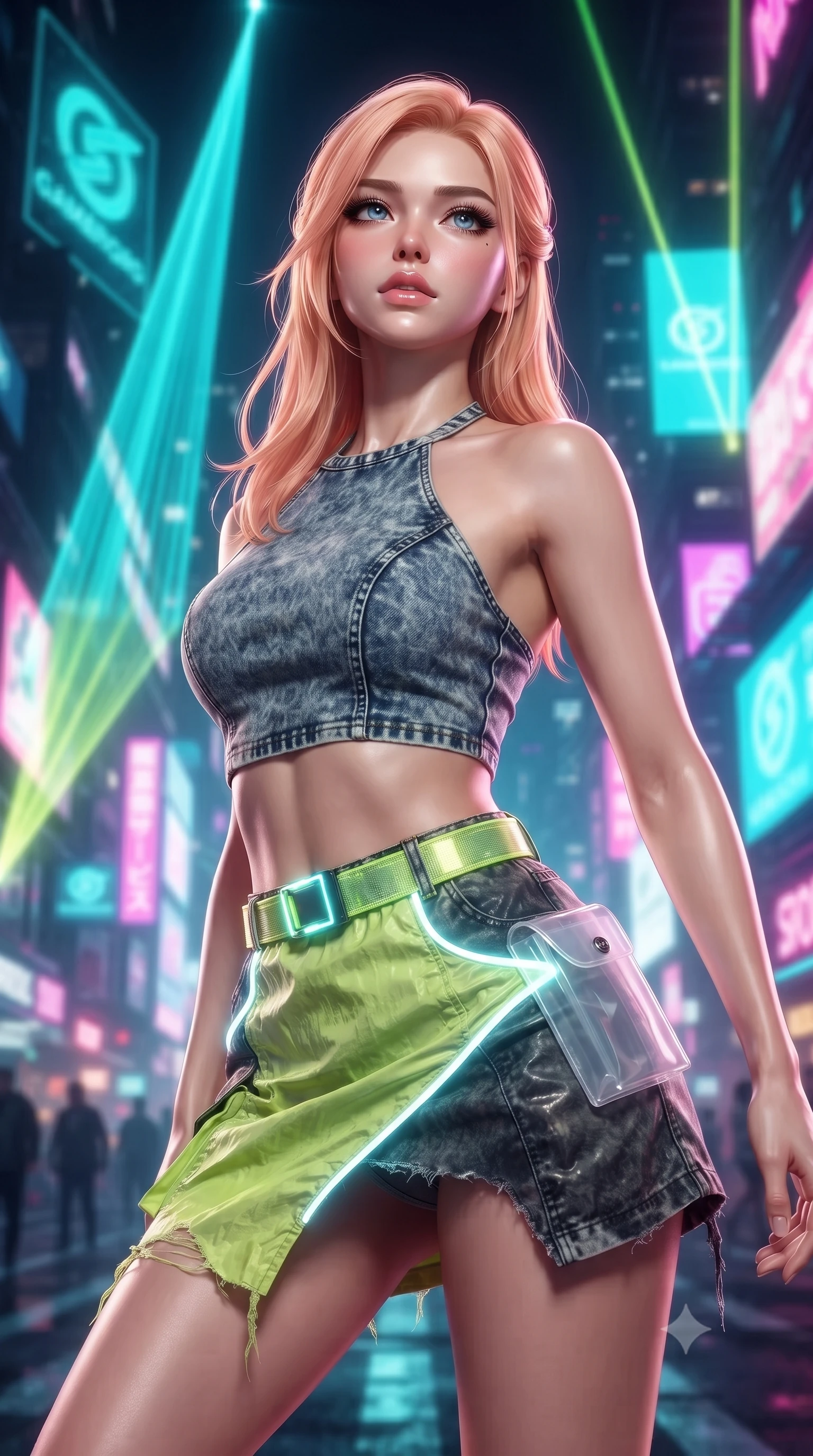 score_9, masterpiece, best quality, ultra-detailed, high-budget anime keyframe, editorial fashion photography, tasteful artistic composition, Japanese woman. close-up cowboy shot from the waist and thighs up, the character dominates the composition, filling the frame with her large presence. tilting her chin up with proud, sovereign confidence while gazing directly into the lens with thick, dark eyelashes while pivoting with energetic street-dance momentum as giant holographic animated logos flash across the night sky behind her. The composition keeps background elements in soft focus with creamy bokeh. giant holographic neon advertisements and sweeping laser light cones blurred into electric turquoise, lime, and fuchsia bokeh. She has an exceptionally elegant, slender, and willowy female figure with an ultra-slim waist, a gracefully sculpted slender torso, toned flat midriff, and a refined slim silhouette. sharp v-shaped jawline, high-bridge nose, intricate jewel-like eyes with depth, thick eyelashes, glossy lips with a natural sheen, captivating and magnetic expression, flawlessly proportioned anatomical accuracy, strict slender model proportions, natural body alignment, perfectly sculpted long slender limbs, ultra-slim waistline, clean dynamic posture without body distortion. wearing an acid-wash denim halter crop top paired with a distressed asymmetrical micro-mini skirt in acid lime green and dark carbon grey, tailored from lightweight crinkle nylon with glowing reflective piping, complemented by a neon LED belt buckle and translucent vinyl holster, the liquid-tight tailored fabric emphasizing every curve of her tall, slender model proportions and sculptured silhouette during dynamic movement. bathed in flashing RGB strobe lights and glowing holographic billboard backlighting. ultra-reflective glossy finish, specular highlights, rich textural contrasts, high-contrast stereoscopic depth, volumetric dynamic lighting, 2k, ultra detail, master piece, 9:16 ratio