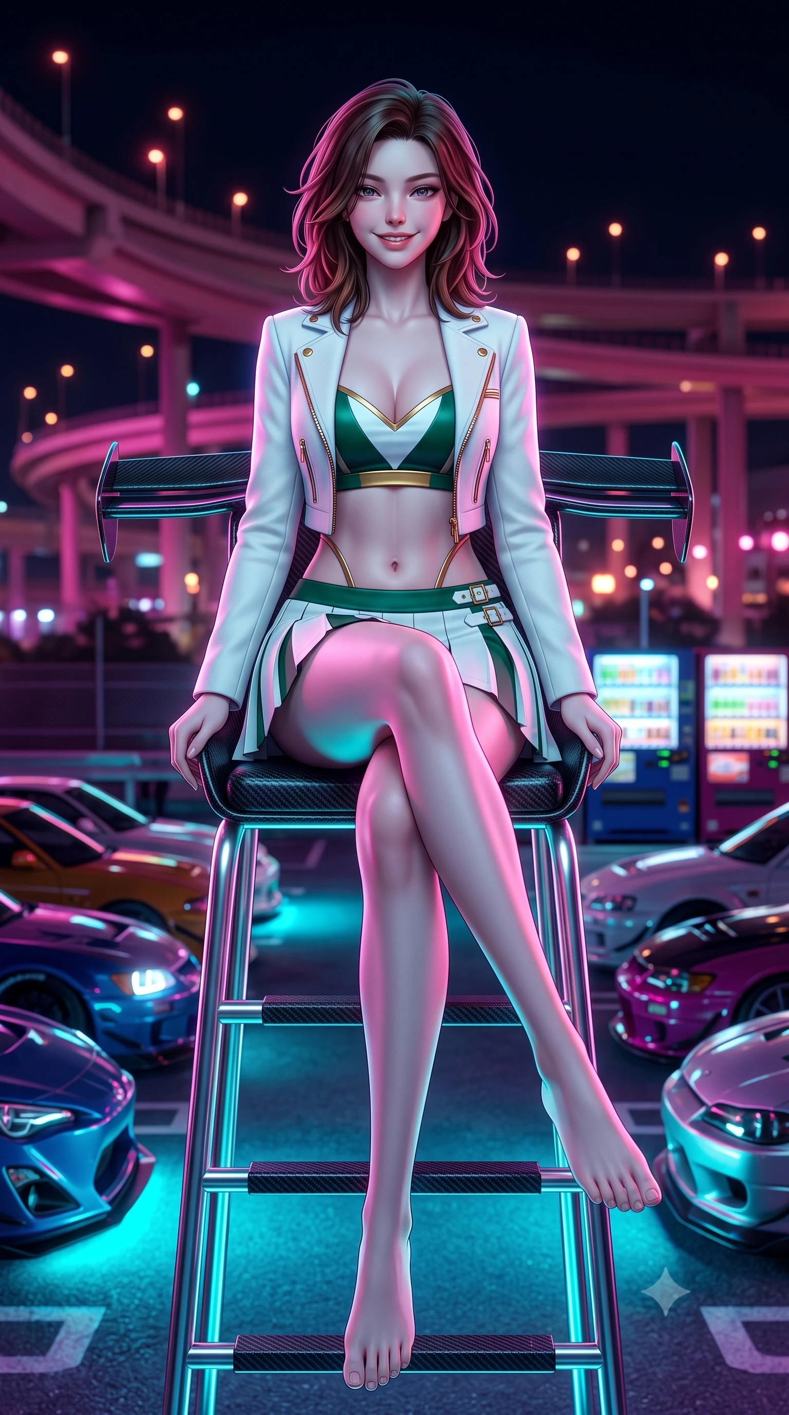 score_9, masterpiece, best quality, ultra-detailed, high-budget anime keyframe, semi-realistic 3D game render, editorial fashion photography, tasteful artistic composition, Korean woman. low angle full-body shot from head to toe showing her feet, filling the entire 9:16 vertical frame with her statuesque presence, stretching her vertical silhouette. sitting perched on the elevated umpire chair with legs crossed and hips angled toward the camera, displaying her toned midriff and long slender limbs with joyful, coquettish charm while sitting on the wide carbon rear wing of an exotic Japanese hypercar, arching her lower back with dangerous, smoldering racing queen allure. The background shows a soft-focus curving elevated Tokyo highway ramps, rows of customized sports cars, and illuminated vending machine banks blurred into magenta, amber, and cyan bokeh. She has an absolutely perfect, statuesque 8.5-heads proportion, an exceptionally tall and slender model-like female figure with impossibly long slender legs, an ultra-slim waist, a flat toned midriff, narrow delicate ribcage, and beautifully sculpted feminine hips creating a graceful, slim hourglass silhouette without any bulky heaviness. sharp v-shaped jawline, high-bridge nose, sparkling eyes with athletic focus and depth, thick curled eyelashes, glossy parted lips with a natural coral-peach sheen, bright confident and coquettish smile with alluring bedroom-eyes, exuding both youthful sporty vigor and sovereign high-society glamour, flawlessly proportioned anatomical accuracy, strict slender model proportions, natural body alignment, perfectly sculpted long slender limbs, ultra-slim waistline, clean dynamic posture without body distortion. wearing a tailored white blazer worn open over a plunging racing bandeau top and pleated tennis micro-skirt in crisp Wimbledon white and British racing green with gold accents, tailored from ultra-soft fine cashmere yarn with an airy athletic drape, finished with polished chrome zipper pulls and racing harness buckle hardware, the precision-cut side openings and low-back scoop framing her graceful spine and the sensual sweep of her slim, athletic hips. bathed in intense saturated underglow neons in electric cyan and magenta contrasting with night shadows. highly saturated vibrant anime colors, detailed shading with soft gradients, rich glossy textures, high-contrast stereoscopic depth, volumetric dynamic lighting, master piece, 9:16 ratio