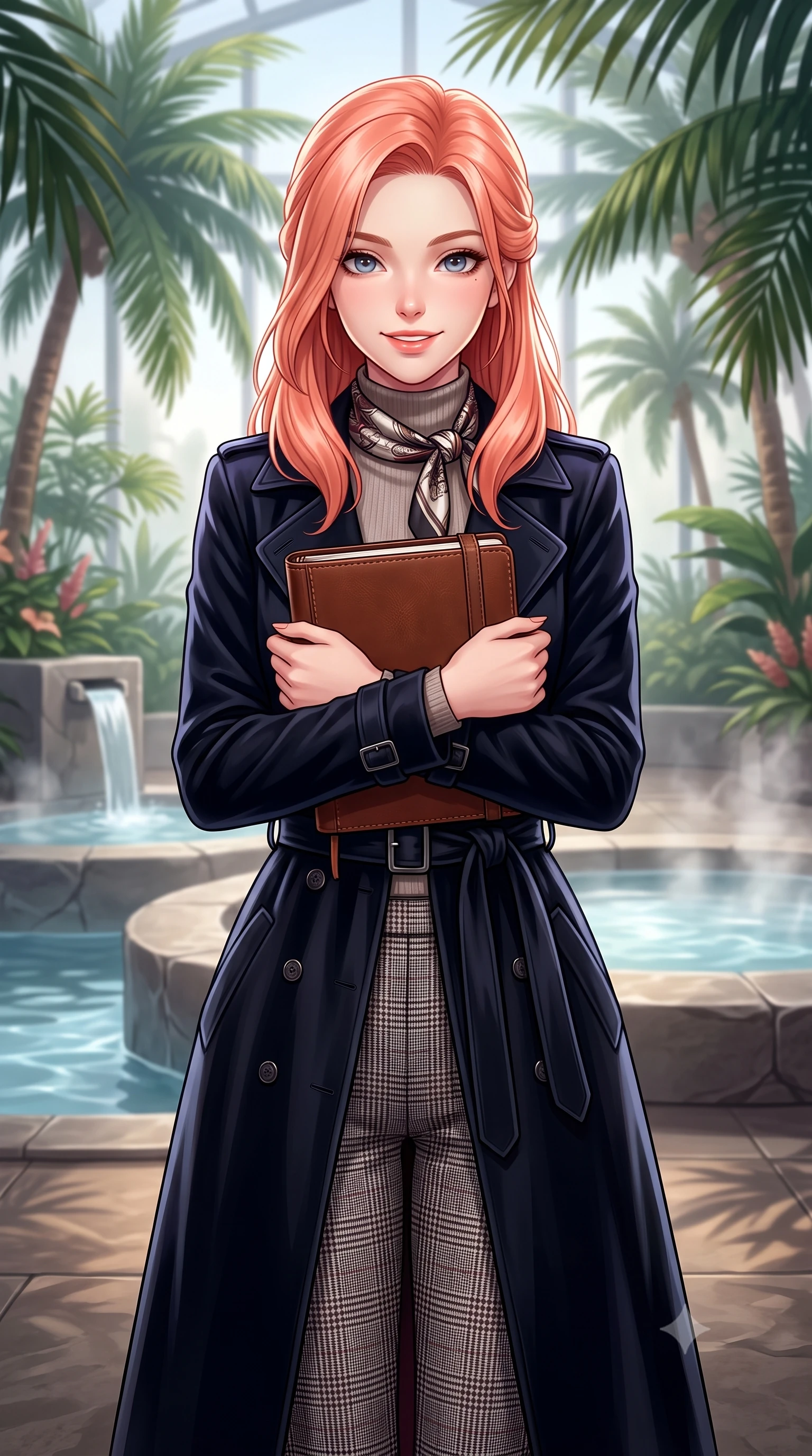 score_9, masterpiece, best quality, ultra-detailed, high-budget anime keyframe, semi-realistic 3D game render, editorial fashion photography, tasteful artistic composition, Japanese woman. close-up cowboy shot from the waist and thighs up, the character dominates the composition, filling the frame with her large presence. holding a leather notebook close to her chest with both arms, smiling delightfully with youthful scholarly grace while standing poised on the warm slate floor of the indoor winter garden pavilion surrounded by lush tropical palms, smiling with serene relaxation. The background shows a soft-focus minimalist stone water features softened in peaceful Swiss alpine wellness sanctuary shallow focus. She has an exceptionally elegant, slender, and willowy female figure with an ultra-slim waist, flat toned midriff, narrow ribcage, and sculpted feminine hips creating an alluring, slim hourglass silhouette without bulk. sharp v-shaped jawline, high-bridge nose, intricate jewel-like sparkling eyes with depth, thick eyelashes, glossy parted lips with a natural peach sheen, bright cheerful beaming smile with an enchanting and coquettish sensual glint, exuding both youthful cute charm and seductive allure, flawlessly proportioned anatomical accuracy, strict slender model proportions, natural body alignment, perfectly sculpted long slender limbs, ultra-slim waistline, clean dynamic posture without body distortion. wearing a classic double-breasted trench coat with a cinched waist belt worn over a fine-knit cashmere turtleneck and tailored trousers in classic glen plaid monochrome with subtle wine red accent, crafted from rich cotton velvet with deep light-absorbing pile and soft gradients, finished with a printed silk twilly scarf knotted gracefully around her neck, the sharp shoulder tailoring and gently nipped waist framing her slender torso with pristine sartorial perfection. illuminated by thermal pool surface caustics and soft pearlescent rim lights accentuating her sharp jawline and slender hourglass silhouette. highly saturated vibrant anime colors, detailed shading with soft gradients, rich glossy textures, high-contrast stereoscopic depth, volumetric dynamic lighting, master piece, 9:16 ratio