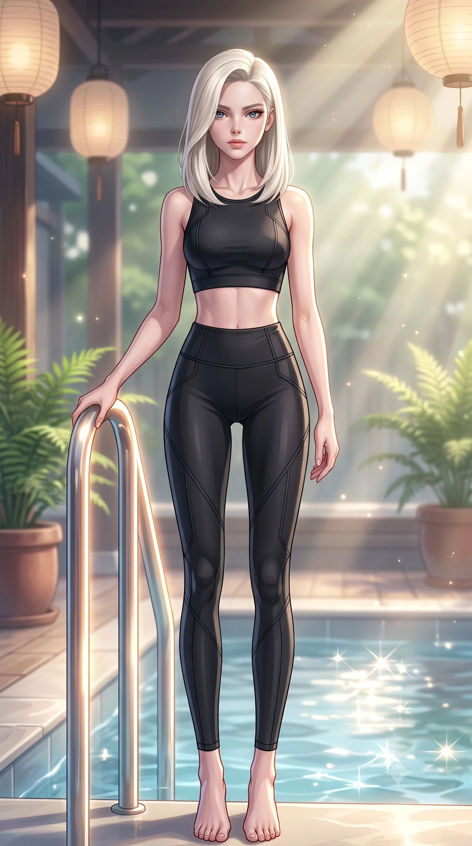 score_9, masterpiece, best quality, ultra-detailed, high-budget anime keyframe, editorial fashion photography, tasteful artistic composition, Caucasian woman. low angle full-body shot from head to toe showing her feet, filling the entire 9:16 vertical frame with her statuesque presence, stretching her vertical silhouette. standing in a tall, confident posture with one hand on a glowing metal railing, stretching her statuesque body, the background shows a soft-focus a bath house veranda decorated with potted ferns and paper lanterns. She has an absolutely perfect, statuesque 8.5-heads proportion, an exceptionally tall and slender model-like female figure with impossibly long slender legs and an ultra-slim waist. sharp v-shaped jawline, high-bridge nose, intricate jewel-like eyes with depth, thick eyelashes, glossy lips with a natural sheen. wearing a tailored form-fitting athletic crop top and matching high-waisted compression leggings in sleek carbon-black tech fabric. bright morning sun rays creating sparkling glints on the hot pool water. highly saturated vibrant anime colors, detailed shading with soft gradients, rich glossy textures, high-contrast stereoscopic depth, volumetric dynamic lighting, master piece, 9:16 ratio