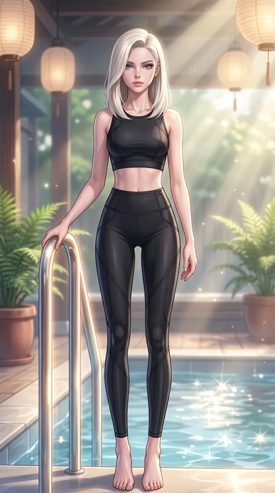 score_9, masterpiece, best quality, ultra-detailed, high-budget anime keyframe, editorial fashion photography, tasteful artistic composition, Caucasian woman. low angle full-body shot from head to toe showing her feet, filling the entire 9:16 vertica