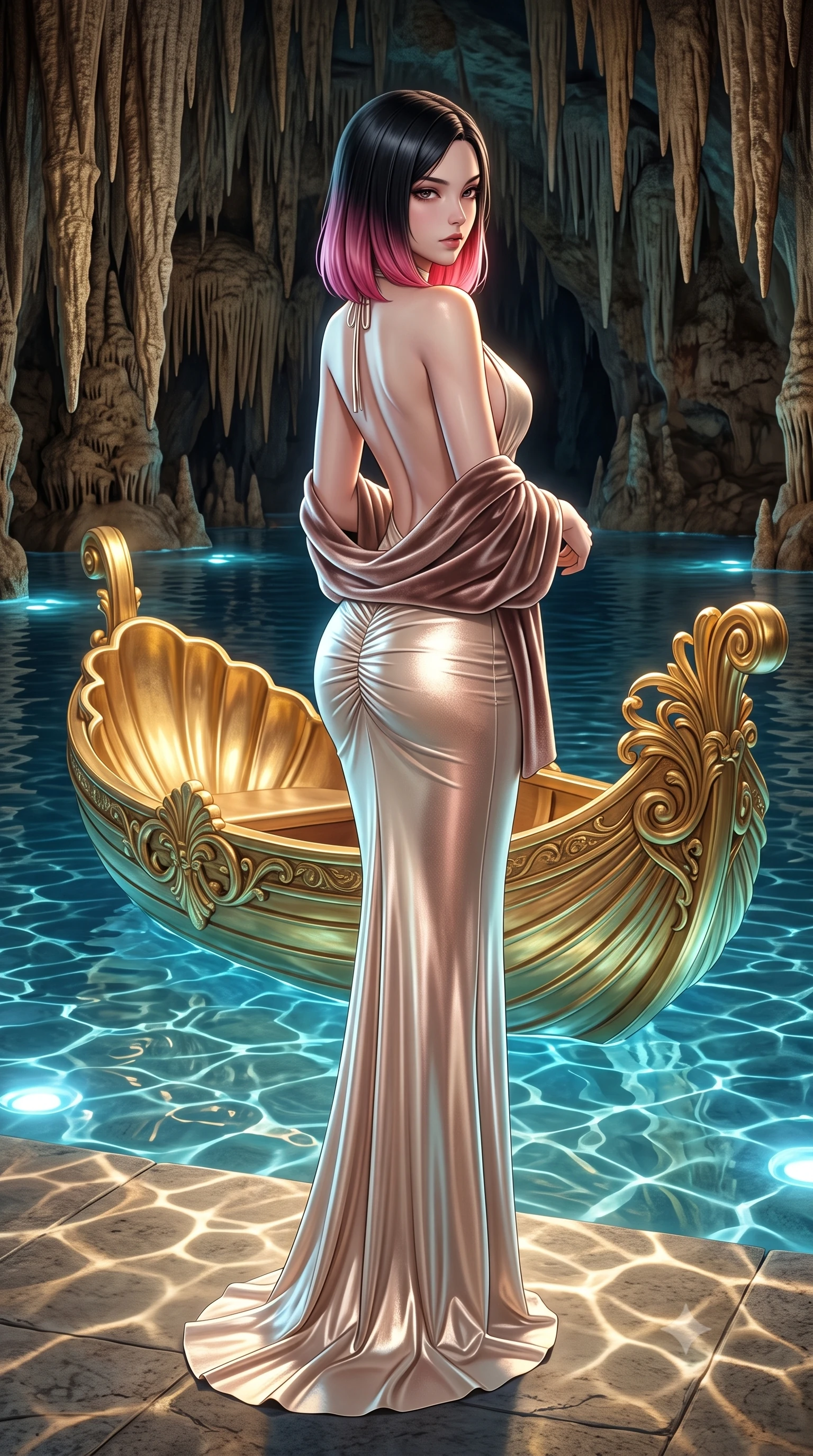 score_9, masterpiece, best quality, ultra-detailed, high-budget anime keyframe, semi-realistic 3D game render, editorial fashion photography, tasteful artistic composition, Korean woman. low angle full-body shot from head to toe showing her feet, filling the entire 9:16 vertical frame with her statuesque presence, stretching her vertical silhouette. posing with back turned slightly to the lens, glancing back with smoldering allure as she arches her lower back to emphasize her sculpted feminine hips and slender waist while standing on the edge of the subterranean illuminated lake beside King Ludwig's ornate golden shell boat, arching her back as artificial waves lap at stone shores. The surrounding environment is rendered in vivid detail and crisp panoramic clarity. sharp carved gilded shell boat flourishes, artificial stalactite textures, and cave water surface tension in deep focus. She has an exceptionally tall and slender model-like 8.5-heads proportion, an ultra-slim waist, a flat toned midriff, narrow delicate ribcage, and beautifully sculpted feminine hips creating a graceful, slim hourglass silhouette without any bulky heaviness, with impossibly long slender legs. sharp v-shaped jawline, high-bridge nose, intricate jewel-like eyes with depth, thick eyelashes, glossy parted lips with a natural sheen, intensely captivating and seductive bedroom-eyes expression, flawlessly proportioned anatomical accuracy, strict slender model proportions, natural body alignment, perfectly sculpted long slender limbs, ultra-slim waistline, clean dynamic posture without body distortion. wearing a plunging halter-neck metallic lamé column dress with a dramatic bare spine and hip-defining ruching in vintage champagne ivory and delicate rose gold, crafted from heavyweight crushed silk velvet with liquid vintage luster, complemented by a plush velvet shawl draped loosely over her elbows, the second-skin form-contouring cut accentuating her sculpted flat midriff, narrow delicate ribcage, and gracefully curvy hips with supermodel precision. illuminated by shimmering pool water caustics sharply sculpting her razor-sharp jawline, narrow waist, and curvy hips. highly saturated vibrant anime colors, detailed shading with soft gradients, rich glossy textures, high-contrast stereoscopic depth, volumetric dynamic lighting, master piece, 9:16 ratio