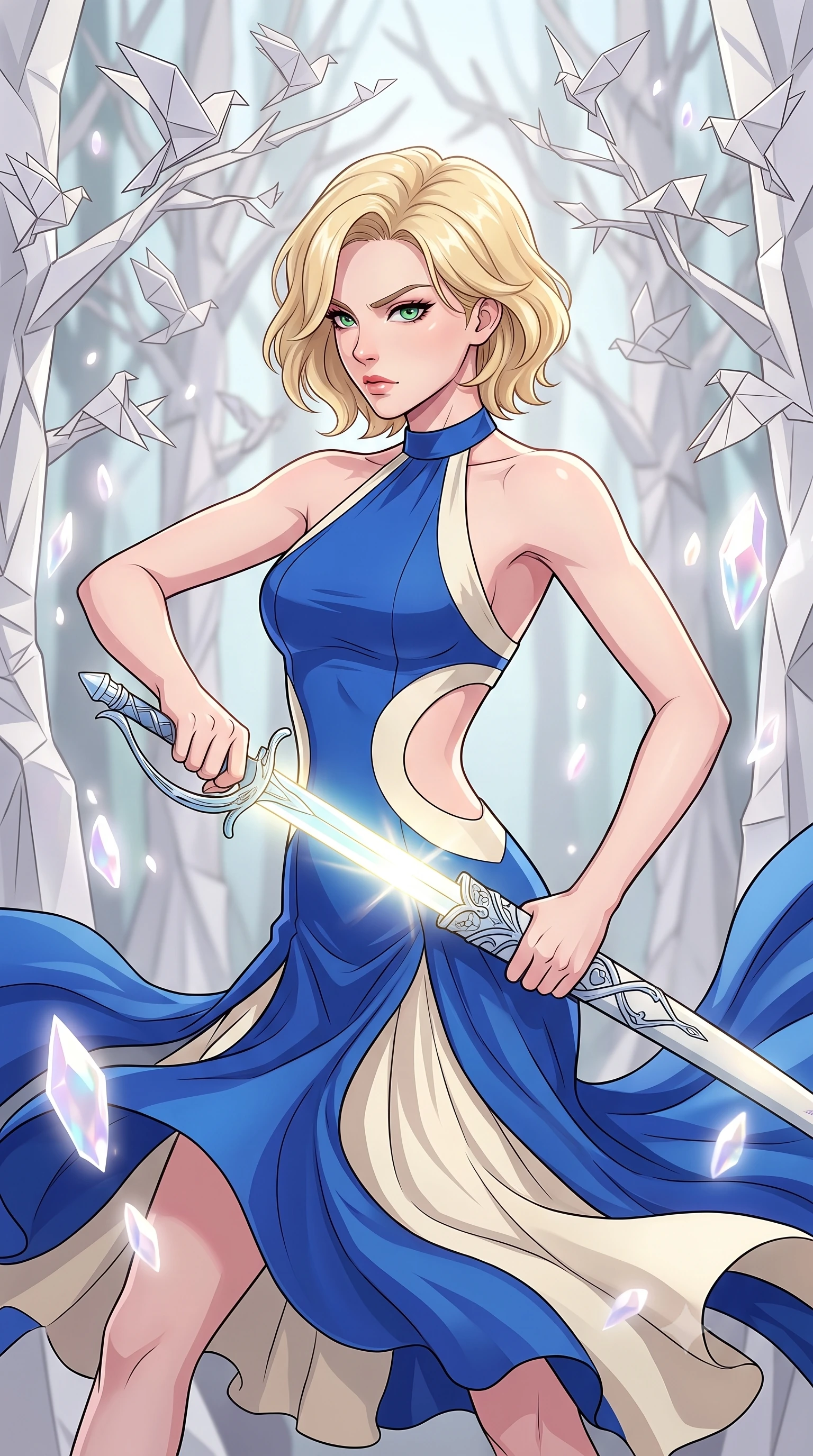 score_9, masterpiece, best quality, ultra-detailed, high-budget anime keyframe, clean line-art, cel-shading, Caucasian woman, strictly human ears. close-up cowboy shot from the waist and thighs up, the character dominates the composition, filling the frame with her large presence, background elements kept in soft focus. Drawing a glowing sword with fierce determination and a sharp sidelong glare. set against a soft-focus background of a forest made of white folded paper trees, where paper birds are taking flight from branches in a geometric flurry. She has an exceptionally elegant and slender, willowy female figure with an ultra-slim waist, a gracefully sculpted slender torso, and a refined slim physique. sharp v-shaped jawline, high-bridge nose, intricate jewel-like eyes with depth, thick eyelashes, glossy lips with a natural sheen. wearing the lightweight fabric rippling and billowing dramatically with her movement, a tailored structured halter-neck bodycon dress in two-tone cobalt blue and cream, with dramatic curved cutouts at the sides of the torso. ethereal pearlescent light emanating from floating crystalline formations all around. highly saturated vibrant anime colors, intense vivid color palette, volumetric dynamic lighting, 2k, ultra detail, master piece, 9:16 ratio