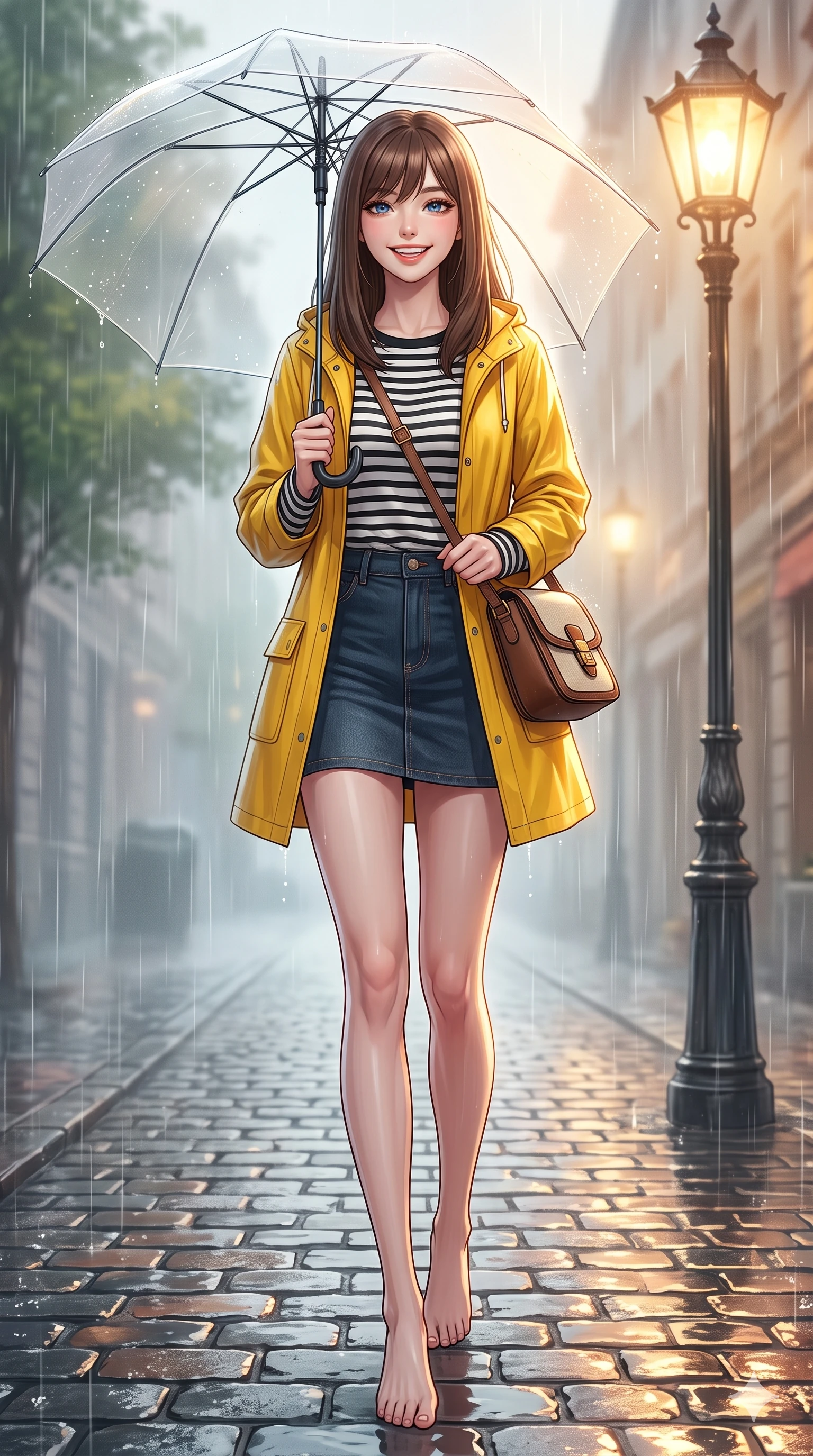 score_9, masterpiece, best quality, ultra-detailed, high-budget anime keyframe, vibrant anime aesthetic, Korean woman. low angle full-body shot from head to toe showing her feet, filling the entire 9:16 vertical frame with her statuesque presence, stretching her vertical silhouette. She is posing with a bright, energetic grin, her eyes glowing with energy, with her eyes bright and full of life surrounded by fresh morning mist. standing on a rain-slicked cobblestone street under a warm glowing gaslight, holding a clear umbrella (Code-P22-032). She has an absolutely perfect 8-heads proportion, an exceptionally tall and slender female figure with impossibly long slender legs and an ultra-slim waist. V-shaped jawline, high-bridge nose, intricate jewel-like eyes with depth, thick eyelashes, glossy lips with a natural sheen. wearing a bright yellow raincoat over a striped long-sleeve shirt and denim skirt with a designer bag. She is drenched in soft, diffused light of a rainy afternoon, creating clean outlines, accentuating her slender silhouette during a refreshing sun shower. 2k, ultra detail, master piece, 9:16 ratio