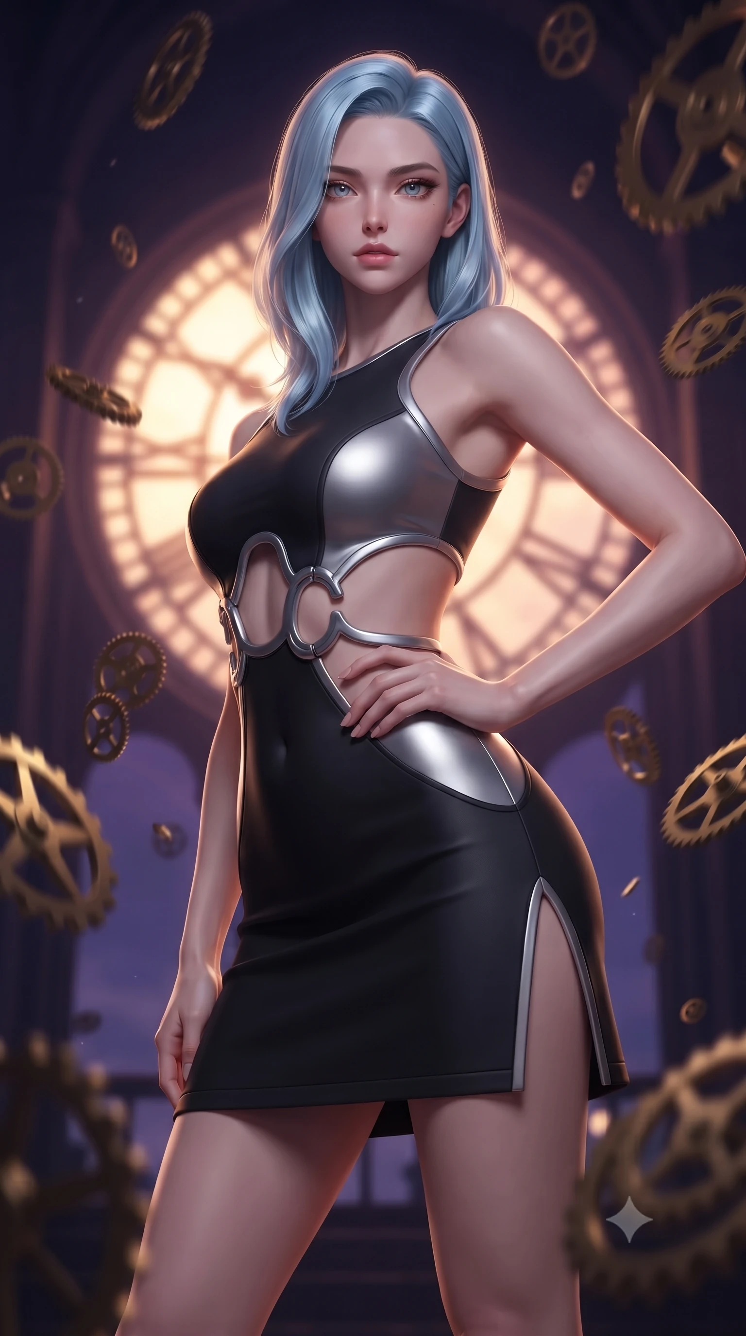 score_9, masterpiece, best quality, ultra-detailed, high-budget anime keyframe, editorial fashion photography, tasteful artistic composition, Korean woman. close-up cowboy shot from the waist and thighs up, the character dominates the composition, filling the frame with her large presence, background elements kept in soft focus. Holding a powerful dynamic pose with one hand on her hip and body angled dramatically toward the key light while pivoting sharply with her torso tilted as brass gears rain around her in slow motion, dramatic twilight amber light streaming through a massive clock tower window. She has an exceptionally elegant, slender, and willowy female figure with an ultra-slim waist, a gracefully sculpted slender torso, and a refined silhouette. sharp v-shaped jawline, high-bridge nose, intricate jewel-like eyes with depth, thick eyelashes, glossy lips with a natural sheen, flawlessly proportioned anatomical accuracy, natural body alignment, perfectly sculpted elegant limbs, clean dynamic posture without body distortion. wearing a dramatic open-waist cutout mini dress framed by sculptural hardware in matte black and polished silver, formed from sleek second-skin neoprene, finished with a sleek side slit ascending to mid-thigh, the sleek second-skin texture accentuating her magnetic presence. surrounded by a contrast of deep violet sky and radiant bronze mechanical light. ultra-reflective glossy finish, specular highlights, metallic sheen, high-contrast stereoscopic depth, volumetric dynamic lighting, 2k, ultra detail, master piece, 9:16 ratio