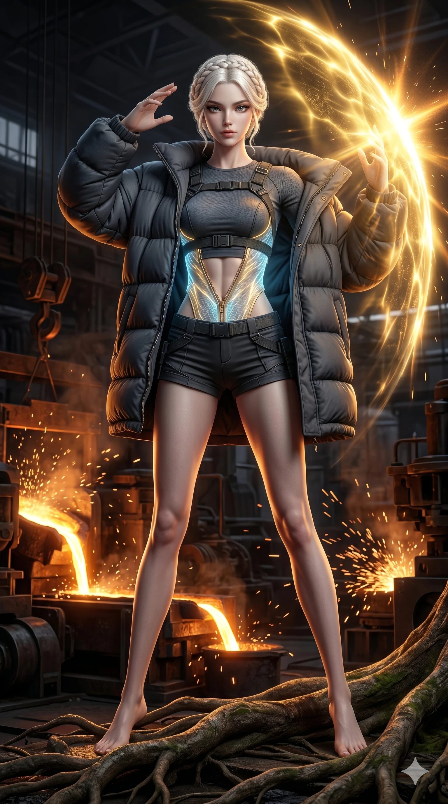 score_9, masterpiece, best quality, ultra-detailed, Photorealistic 8k CG, masterpiece, hyper-realistic SSS skin texture, cinematic ray-tracing, every pore and strand of hair rendered with extreme precision, 8k resolution, Caucasian woman with pale skin, blonde hair, and (strictly human ears). Dynamic full-body shot stretching the vertical silhouette, capturing her from a powerful low-angle perspective. Protecting a sacred world-tree with her own life-force, a golden shield expanding from her heart to cover the forest. She has an absolutely perfect 8-heads proportion, an exceptionally tall and slender female figure with impossibly long slender legs and an ultra-slim waist, her statuesque height and towering silhouette dominating the vertical 9:16 frame. Her face is a masterpiece featuring a sharp v-shaped jawline, high-bridge nose, intricate jewel-like eyes with depth, thick eyelashes, and glossy lips with a natural sheen. She is wearing a Oversized puffer jacket worn over a micro-shorts and harness set, unzipped to reveal her chest crafted from Bioluminescent silk that emits a soft, ethereal glow from within the fabric, featuring strategic side cut-outs that emphasize her ultra-slim waist and hips. The scene is set in a gritty industrial factory with glowing molten metal, flying sparks, and deep shadows, illuminated by intense energy flares from her powers illuminating the scene with brilliant light. 2k, ultra detail, master piece, 9:16 ratio