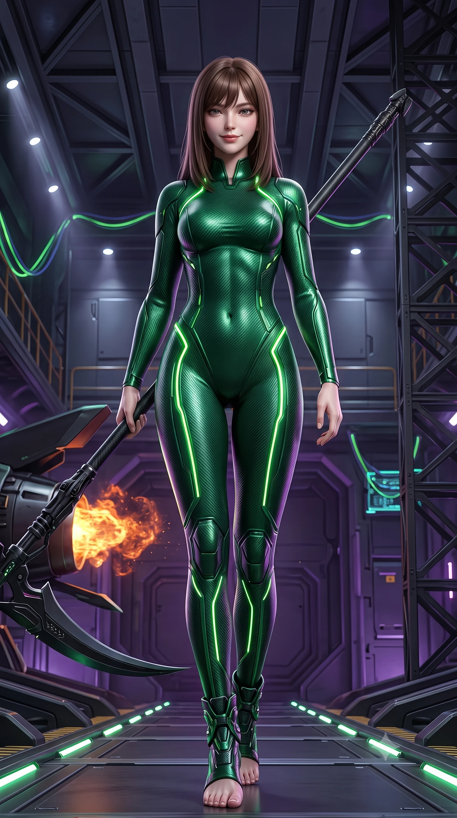 score_9, masterpiece, best quality, ultra-detailed, high-budget anime keyframe, semi-realistic 3D game render, editorial fashion photography, tasteful artistic composition, Korean woman. low angle full-body shot from head to toe showing her feet, filling the entire 9:16 vertical frame with her statuesque presence, stretching her vertical silhouette. striding forward with commanding supermodel grace, weapon held at the ready, her 8.5-heads statuesque silhouette dominating the vertical frame from head to toe while resting the long scythe haft against her shoulder with an alluring, dangerous smile looking directly into the camera. The surrounding environment is rendered in vivid detail and crisp panoramic clarity. sharp heat-resistant carbon armor plate edges, magma bubble bursts, and steel support beams in high resolution. She has an absolutely perfect, statuesque 8.5-heads proportion, an exceptionally tall and slender model-like female figure with impossibly long slender legs, a toned flat midriff, and an ultra-slim waist. sharp v-shaped jawline, high-bridge nose, intricate jewel-like eyes with depth, thick eyelashes, glossy lips with a natural sheen, flawlessly proportioned anatomical accuracy, strict slender model proportions, natural body alignment, perfectly sculpted long slender limbs, ultra-slim waistline, clean dynamic posture without body distortion. wearing a tailored emerald-green carbon-fiber tactical jumpsuit with glowing lime LED channels and an open cowl back, drawing a floating holographic photon energy bow with supreme grace in royal purple carbon fiber with rose-gold hardware and clasps, made of liquid carbon-jersey fabric adhering flawlessly to her sculpted silhouette, accented with glowing fiber-optic conduits tracing her collarbones and hip curves, the sleek second-skin cut tightly hugging her graceful clavicle, narrow waist, and feminine curves with athletic precision. illuminated by crisp specular highlights tracing her ultra-slim waist, long legs, and flat midriff. rich saturated anime colors with glowing neon highlights, detailed shading with soft gradients, rich glossy textures, high-contrast stereoscopic depth, volumetric dynamic lighting, master piece, 9:16 ratio