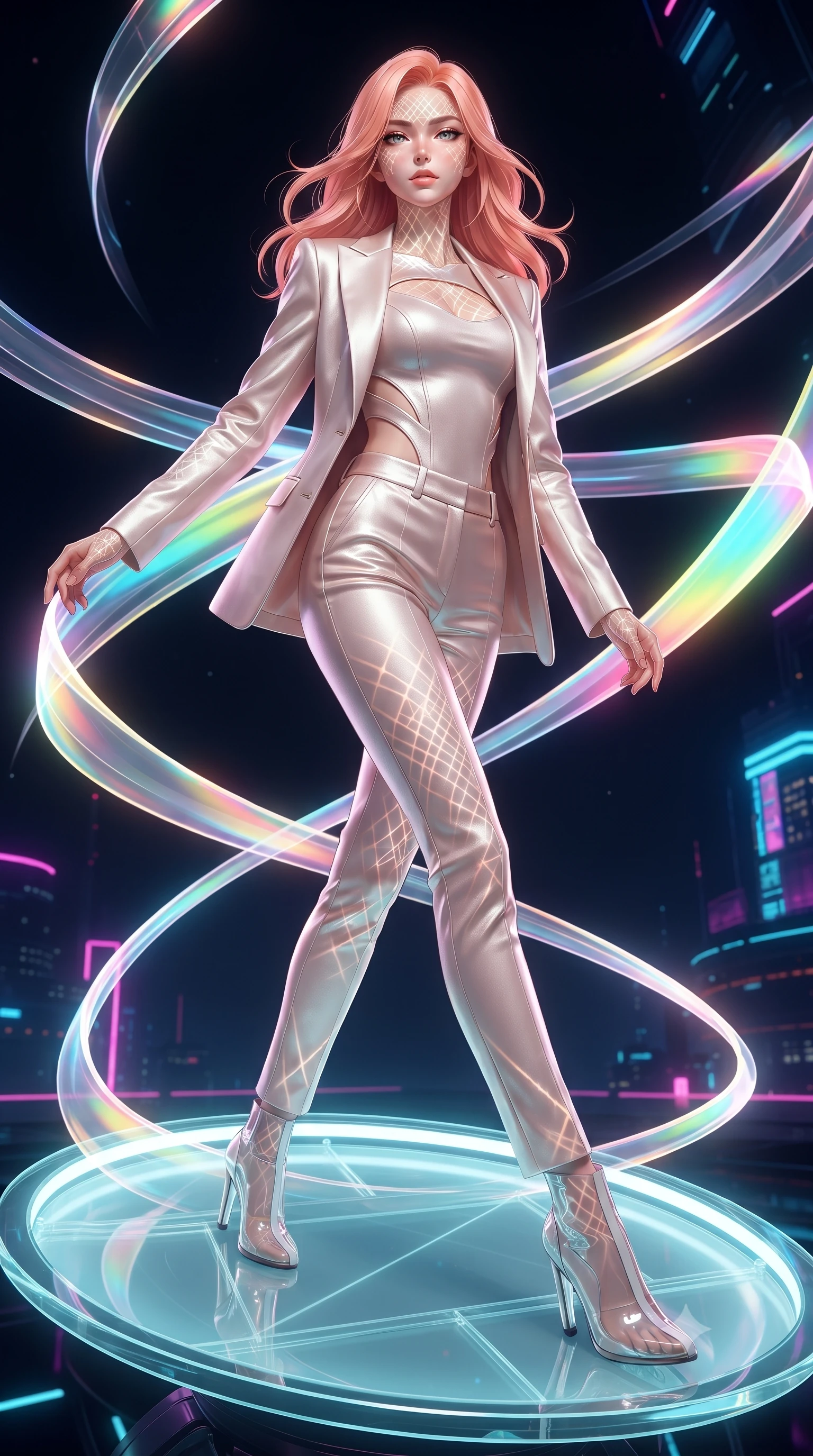 score_9, masterpiece, best quality, ultra-detailed, high-budget anime keyframe, editorial fashion photography, tasteful artistic composition, Japanese woman. low angle full-body shot from head to toe showing her feet, filling the entire 9:16 vertical frame with her statuesque presence, stretching her vertical silhouette. forging dynamically through the scene with her long slender legs and ultra-slim waist creating a sweeping S-curve while balancing on a glowing glass disk while luminescent ribbons swirl in zero-gravity, intricate geometric lattice patterns of light projected onto her skin. She has an absolutely perfect, statuesque 8.5-heads proportion, an exceptionally tall and slender model-like female figure with impossibly long slender legs and an ultra-slim waist. sharp v-shaped jawline, high-bridge nose, intricate jewel-like eyes with depth, thick eyelashes, glossy lips with a natural sheen, flawlessly proportioned anatomical accuracy, natural body alignment, perfectly sculpted elegant limbs, clean dynamic posture without body distortion. wearing a tailored silk blazer over a form-contouring scoop-neck top and slacks in pearl white and rose gold, made of premium stretch velvet with a rich sheen, featuring clean architectural cutouts along her slender torso, the elegant draped fit framing her graceful clavicle and slender torso. surrounded by a vibrant fluorescent aura with bright specular rim lights. ultra-reflective glossy finish, specular highlights, metallic sheen, high-contrast stereoscopic depth, volumetric dynamic lighting, 2k, ultra detail, master piece, 9:16 ratio