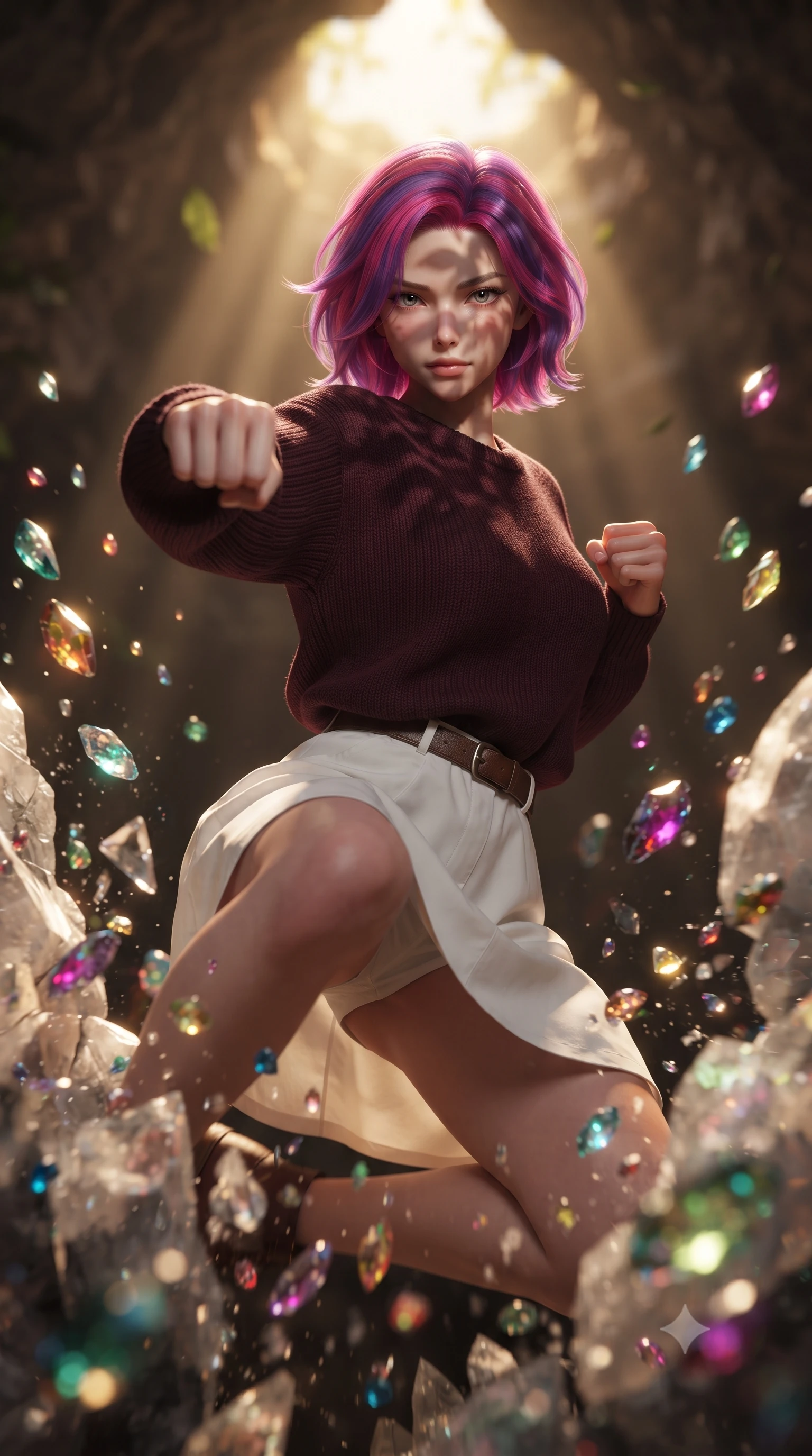 score_9, masterpiece, best quality, ultra-detailed, high-budget anime keyframe, editorial fashion photography, tasteful artistic composition, realistic cosplay photography, Caucasian woman, strictly human ears. close-up cowboy shot from the waist and thighs up, the character dominates the composition, filling the frame with her large presence, background elements kept in soft focus. Leaping into the camera's view with an aggressive, mid-action strike pose. set against a soft-focus background of a deep cave system whose quartz walls are actively shattering from seismic activity, sending gemstone fragments flying. She has an exceptionally elegant and slender, willowy female figure with an ultra-slim waist, a gracefully sculpted slender torso, and a refined slim physique. sharp v-shaped jawline, high-bridge nose, intricate jewel-like eyes with depth, thick eyelashes, glossy lips with a natural sheen. wearing tailored for maximum mobility, sleek form-contouring panels that allow fluid movement, a tailored dark burgundy knit sweater with a relaxed fit, paired with a white cotton poplin skirt and a leather belt. warm golden afternoon sunbeams casting soft organic leaf shadows across her skin. ultra-reflective glossy finish, specular highlights, metallic sheen, high-contrast stereoscopic depth, volumetric dynamic lighting, 2k, ultra detail, master piece, 9:16 ratio