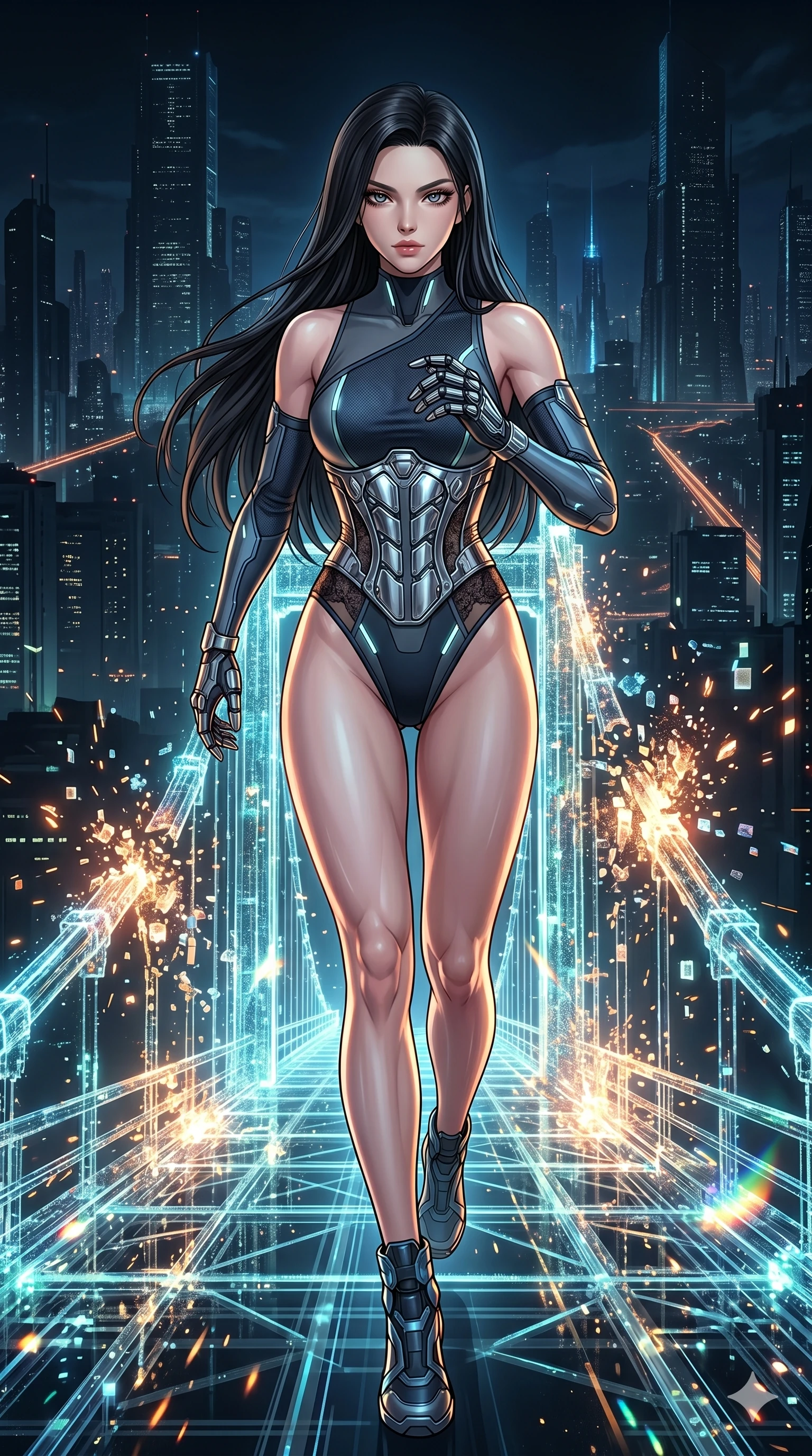 score_9, masterpiece, best quality, ultra-detailed, high-budget anime movie keyframe, cinematic anime lighting, intricate line art, Japanese anime girl. Low angle cowboy shot capturing a powerful motion and statuesque presence. dashing across a bridge of light as it collapses behind her. She has an absolutely perfect 8-heads proportion, an exceptionally tall and slender female figure with an ultra-slim waist and impossibly long slender legs. strictly human anatomy, two legs only, no extra limbs, clearly defined legs and arms, perfect anatomy, perfect hands and fingers. sharp v-shaped jawline, high-bridge nose, intricate jewel-like eyes, thick eyelashes, glossy lips. Wearing Cyber-Tech Legacy: Asymmetrical high-cut tech-bodysuit with detached sleeves and chrome-plated corset over sheer lace. The scene is illuminated by dramatic atmospheric lighting and vibrant color palettes. , 2k, ultra detail, master piece, 9:16 ratio