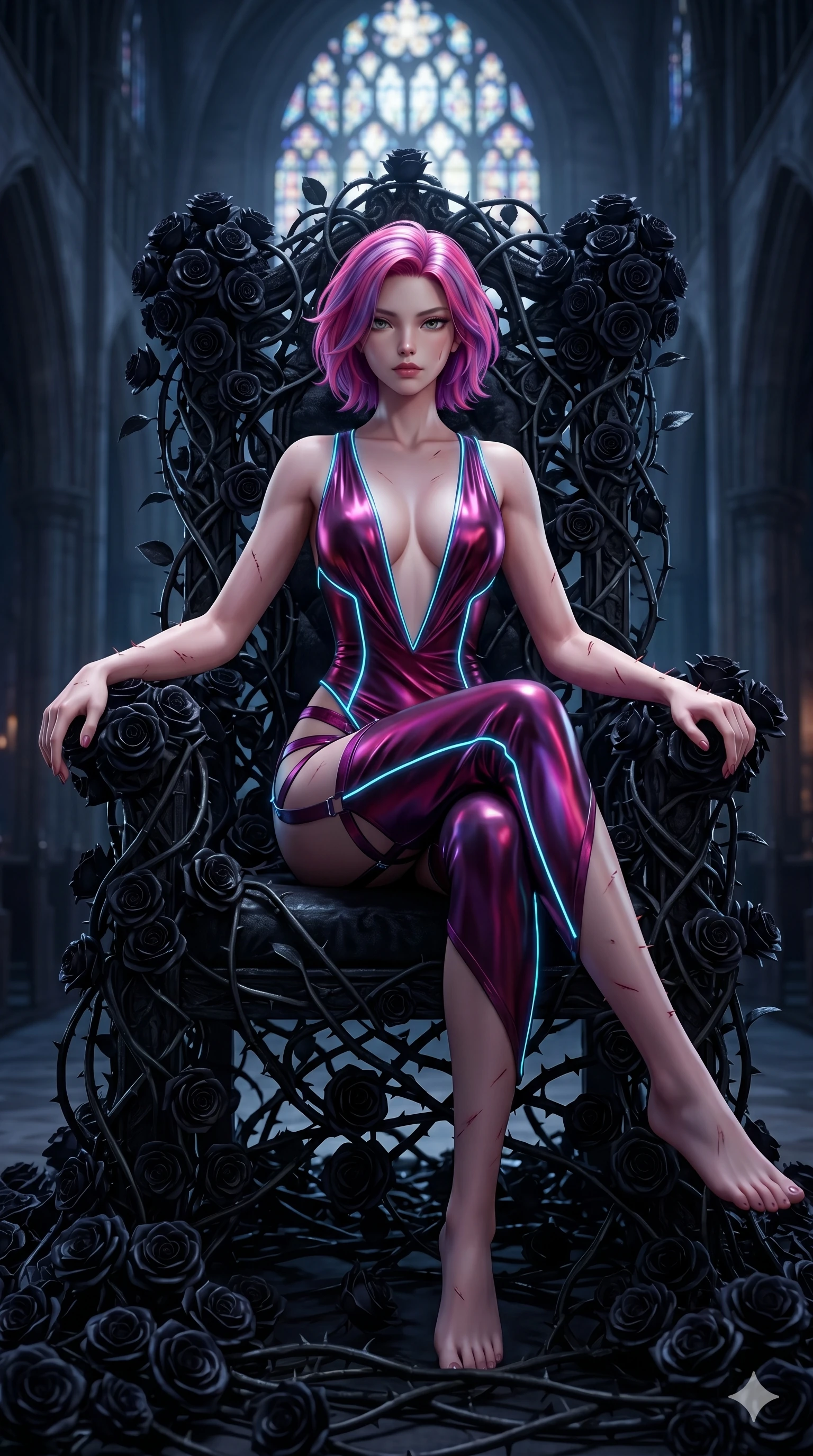 score_9, masterpiece, best quality, ultra-detailed, High-budget Anime Keyframe, East Asian woman. Dynamic full-body shot stretching the vertical silhouette to the limit. Scenario 240: Resting on a throne of black roses, thorns grazing her skin. Her presence is magnetic and overpowering in this high-budget anime scene. Outfit 240: A molten liquid silk garter with a plunging V-neckline and glowing LED seams. The clothing is designed to emphasize her exceptionally tall and slender 8-heads proportion. 8-heads proportion, towering silhouette, ultra-slim waist. sharp v-shaped jawline, intricate jewel-like eyes with depth, thick eyelashes, glossy lips. 2k, ultra detail, master piece, 9:16 ratio