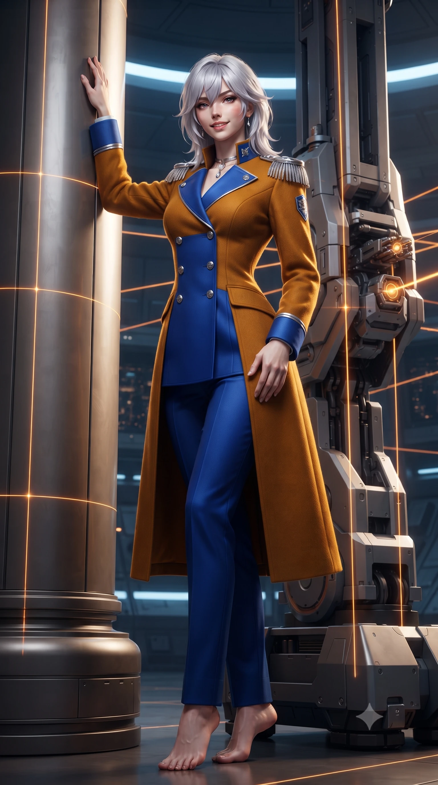 score_9, masterpiece, best quality, ultra-detailed, high-budget anime keyframe, editorial fashion photography, tasteful artistic composition, Japanese woman. low angle full-body shot from head to toe showing her feet, filling the entire 9:16 vertical frame with her statuesque presence, stretching her vertical silhouette. standing tall beside the architectural column, one hand resting high while arching her lower back to emphasize her sculpted feminine hips and slender waist while leaning against the robotic loader pylon with hips cocked back, watching amber laser targeting beams scan floating munitions with intoxicating bedroom-eyes. The surrounding environment is rendered in vivid detail and crisp panoramic clarity: detailed garment construction, tactical leather sheen, and monumental orbital weapons bay in high resolution. She has an exceptionally tall and slender model-like 8.5-heads proportion, an ultra-slim waist, a flat toned midriff, narrow delicate ribcage, and beautifully sculpted feminine hips creating a graceful, slim hourglass silhouette without any bulky heaviness, with impossibly long slender legs. sharp v-shaped jawline, high-bridge nose, intricate jewel-like sparkling eyes with depth, thick eyelashes, glossy parted lips with a natural peach sheen, bright cheerful beaming smile with an enchanting and coquettish sensual glint, exuding both youthful cute charm and seductive allure, flawlessly proportioned anatomical accuracy, strict slender model proportions, natural body alignment, perfectly sculpted long slender limbs, ultra-slim waistline, clean dynamic posture without body distortion. wearing a tailored orbital navy officer dress uniform featuring a structured double-breasted coat with silver epaulets, high mandarin collar, and matching pressed slacks in Jovian storm amber and electric cobalt, crafted from bespoke double-faced cashmere with an exceptionally soft tactile finish, finished with a minimalist chrome choker and a single teardrop diamond pendant, the bespoke structured tailoring following the natural line of her 8.5-heads silhouette with refined elegance. bathed in crisp white 5000K inspection spotlights combined with glowing amber laser alignment grids. ultra-reflective glossy finish, specular highlights, rich textural contrasts, high-contrast stereoscopic depth, volumetric dynamic lighting, 2k, ultra detail, master piece, 9:16 ratio
