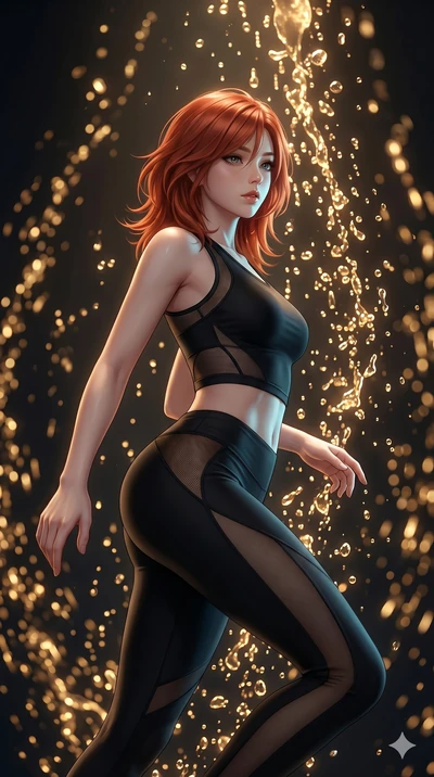 score_9, masterpiece, best quality, ultra-detailed, high-budget anime keyframe, Korean woman. upper body close-up from the thighs up, character filling the screen for maximum presence. dodging ethereal liquid gold rain that rises upward from the grou