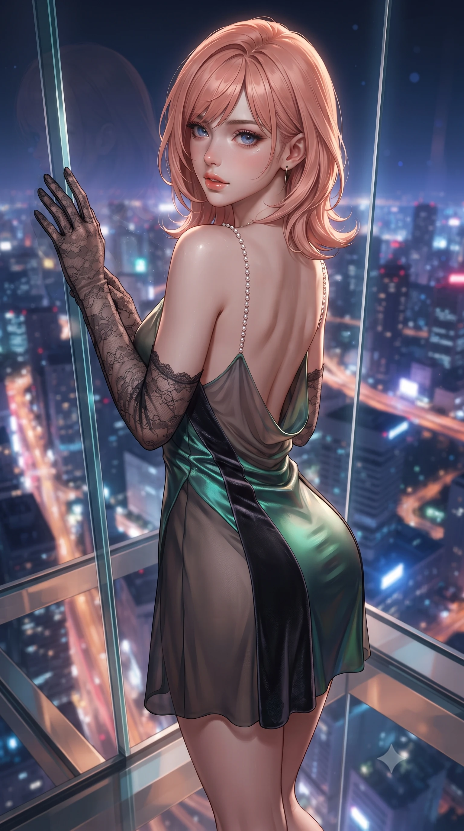 score_9, masterpiece, best quality, ultra-detailed, high-budget anime keyframe, editorial fashion photography, tasteful artistic composition, Japanese woman. close-up cowboy shot from the waist and thighs up, the character dominates the composition, filling the frame with her large presence. posing in an alluring rear three-quarter angle, looking over a bare shoulder with parted glossy lips, her hips cocked back to highlight her slim hourglass curve while leaning against the seamless glass corner with hips cocked back, looking down through the glass floor at the glittering city abyss with bedroom-eyes. The background shows a soft-focus the vast sea of illuminated city skyscrapers, snaking neon expressways miles below, and midnight sky blurred into sapphire, gold, and violet bokeh. She has an exceptionally elegant, slender, and willowy female figure with an ultra-slim waist, flat toned midriff, narrow ribcage, and sculpted feminine hips creating an alluring, slim hourglass silhouette without bulk. sharp v-shaped jawline, high-bridge nose, sparkling eyes with hypnotic seductive depth, thick curled eyelashes, glossy parted lips with a natural dewy peach sheen, alluring bedroom-eyes with an enchanting coquettish smile, exuding magnetic siren charisma and sophisticated glamour, flawlessly proportioned anatomical accuracy, strict slender model proportions, natural body alignment, perfectly sculpted long slender limbs, ultra-slim waistline, clean dynamic posture without body distortion. wearing a low-cut draped cowl-back satin slip mini dress with dainty pearl spaghetti straps in iridescent emerald satin and dark charcoal velvet, made of sheer gossamer chiffon that drapes softly against skin with airy translucence, complemented by sheer opera-length lace evening gloves tracing her slender arms, the liquid-tight tailored fabric clinging flawlessly to her narrow waist and rounded feminine hips, emphasizing every millimeter of her sculpted slim hourglass curves without any bulky heaviness. illuminated by glass cube internal reflections and sharp platinum rim lights defining her razor-sharp jawline, narrow waist, and voluptuous hip curves. ultra-reflective glossy finish, specular highlights, rich textural contrasts, high-contrast stereoscopic depth, volumetric dynamic lighting, 2k, ultra detail, master piece, 9:16 ratio