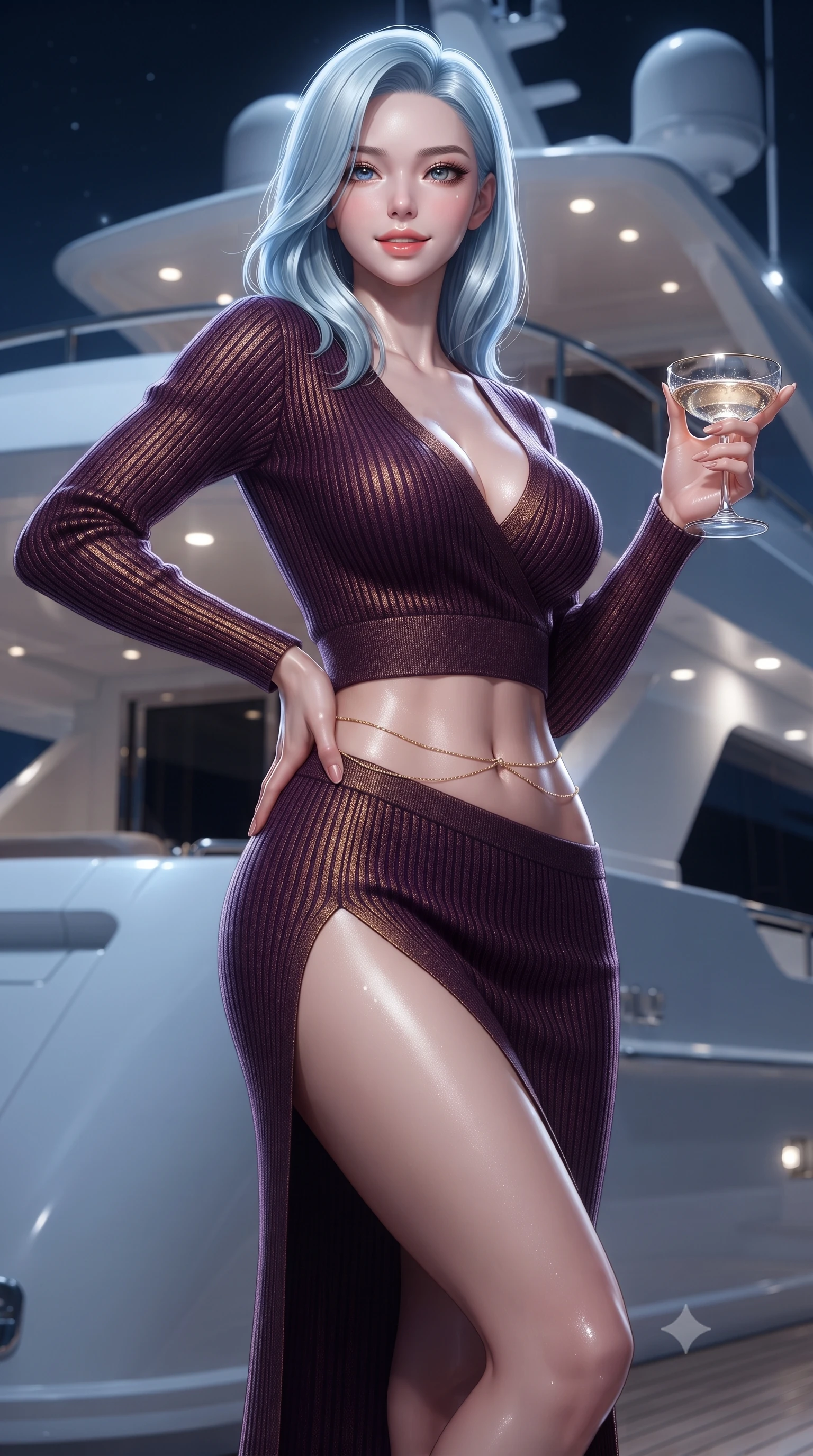 score_9, masterpiece, best quality, ultra-detailed, high-budget anime keyframe, editorial fashion photography, tasteful artistic composition, Korean woman. close-up cowboy shot from the waist and thighs up, the character dominates the composition, filling the frame with her large presence. twisting her slender torso in an alluring contrapposto stance, one hand resting on her sculpted hip while her fingers toy with a champagne coupe while twisting her slender torso in an alluring S-curve against the polished white superstructure, silvery moonlight tracing her waist and hip curves. The surrounding environment is rendered in vivid detail and crisp panoramic clarity: detailed silk satin fabric drape, salty air dew on skin, and mega-yacht design lines in razor-sharp precision. She has an exceptionally elegant, slender, and willowy female figure with an ultra-slim waist, flat toned midriff, narrow ribcage, and sculpted feminine hips creating an alluring, slim hourglass silhouette without bulk. sharp v-shaped jawline, high-bridge nose, sparkling eyes with hypnotic seductive depth, thick curled eyelashes, glossy parted lips with a natural dewy peach sheen, alluring bedroom-eyes with an enchanting coquettish smile, exuding magnetic siren charisma and sophisticated high-fashion glamour, flawlessly proportioned anatomical accuracy, strict slender model proportions, natural body alignment, perfectly sculpted long slender limbs, ultra-slim waistline, clean dynamic posture without body distortion. wearing a plunging V-neck rib-knit sweater dress with an open back and daring side leg slit in rich dark plum violet and gilded bronze, tailored from fine ribbed modal knit with gentle elastic contouring and soft hand-feel, accented with a dainty gold belly chain resting across her flat midriff and curving hips, the glove-like clinging cut tightly following the natural contour of her hips and long slender legs with youthful 8.5-heads elegance. illuminated by ocean moonbeam bounce and sharp platinum rim lights sculpting her jawline, flat midriff, and curvaceous hips. ultra-reflective glossy finish, specular highlights, rich textural contrasts, high-contrast stereoscopic depth, volumetric dynamic lighting, 2k, ultra detail, master piece, 9:16 ratio