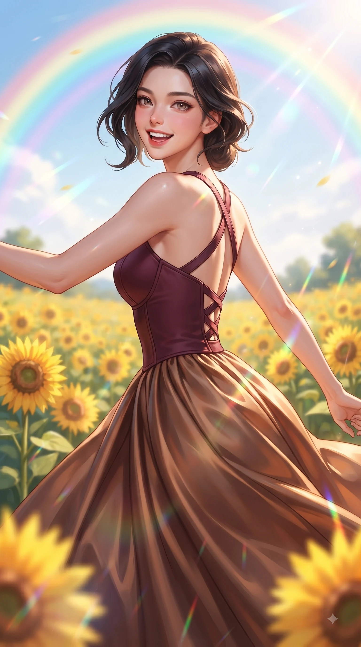 score_9, masterpiece, best quality, ultra-detailed, high-budget anime keyframe, editorial fashion photography, tasteful artistic composition, Korean woman. close-up cowboy shot from the waist and thighs up, the character dominates the composition, filling the frame with her large presence, background elements kept in soft focus. Gazing directly into the camera with a joyful, infectious smile as her torso curves dynamically in mid-stride while pivoting in a cheerful stride through a sunlit flower meadow with an open infectious smile, vivid golden sunflowers swaying in a gentle spring breeze under a radiant rainbow arc. She has an exceptionally elegant, slender, and willowy female figure with an ultra-slim waist, a gracefully sculpted slender torso, and a refined silhouette. sharp v-shaped jawline, high-bridge nose, intricate jewel-like eyes with depth, thick eyelashes, glossy lips with a natural sheen, flawlessly proportioned anatomical accuracy, natural body alignment, perfectly sculpted elegant limbs, clean dynamic posture without body distortion. wearing a modern fusion silk hanbok dress with a structured bodice and flowing skirt in deep burgundy and bronze, formed from sleek second-skin neoprene, complemented by criss-cross back straps highlighting her bare shoulders, the glove-like fit emphasizing her statuesque silhouette during motion. illuminated by dazzling rainbow refractions and bright, cheerful ambient sky glow. ultra-reflective glossy finish, specular highlights, metallic sheen, high-contrast stereoscopic depth, volumetric dynamic lighting, 2k, ultra detail, master piece, 9:16 ratio